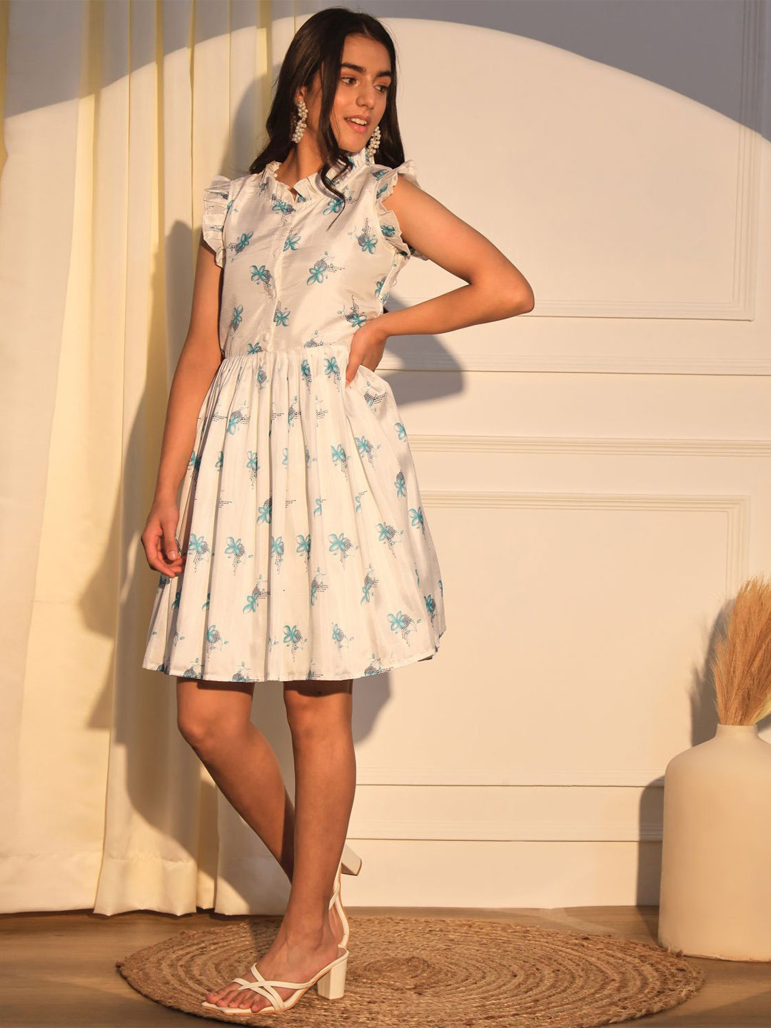 

BAESD Print Satin Fit & Flare Dress, Turquoise blue