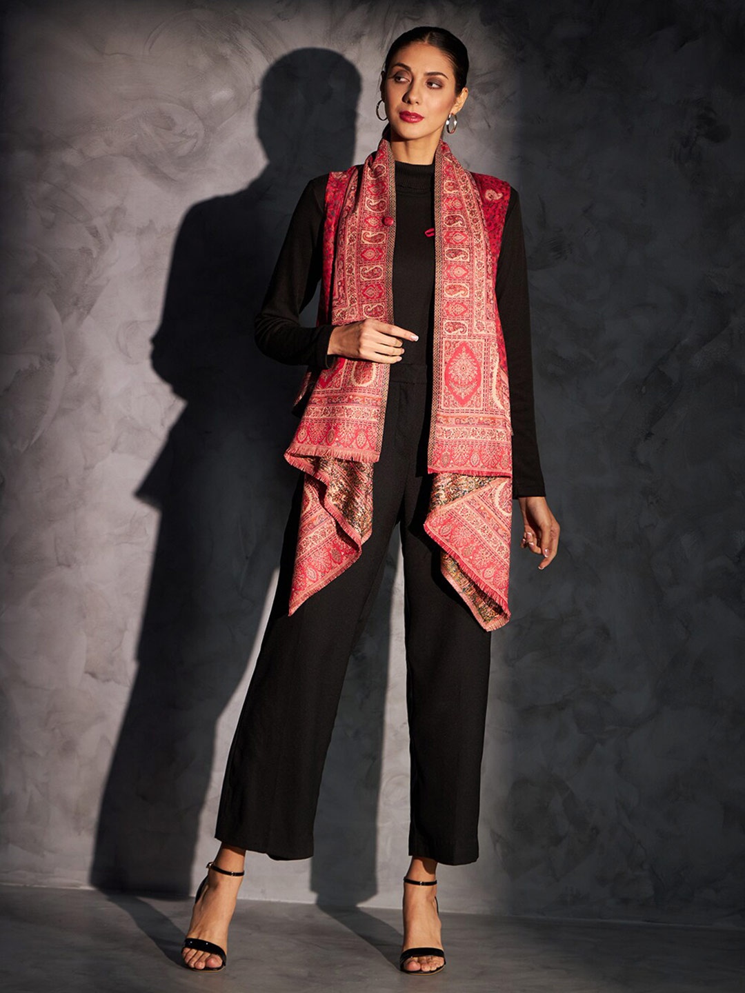 

Zamour Woven Design Longline Cape Shrug, Magenta