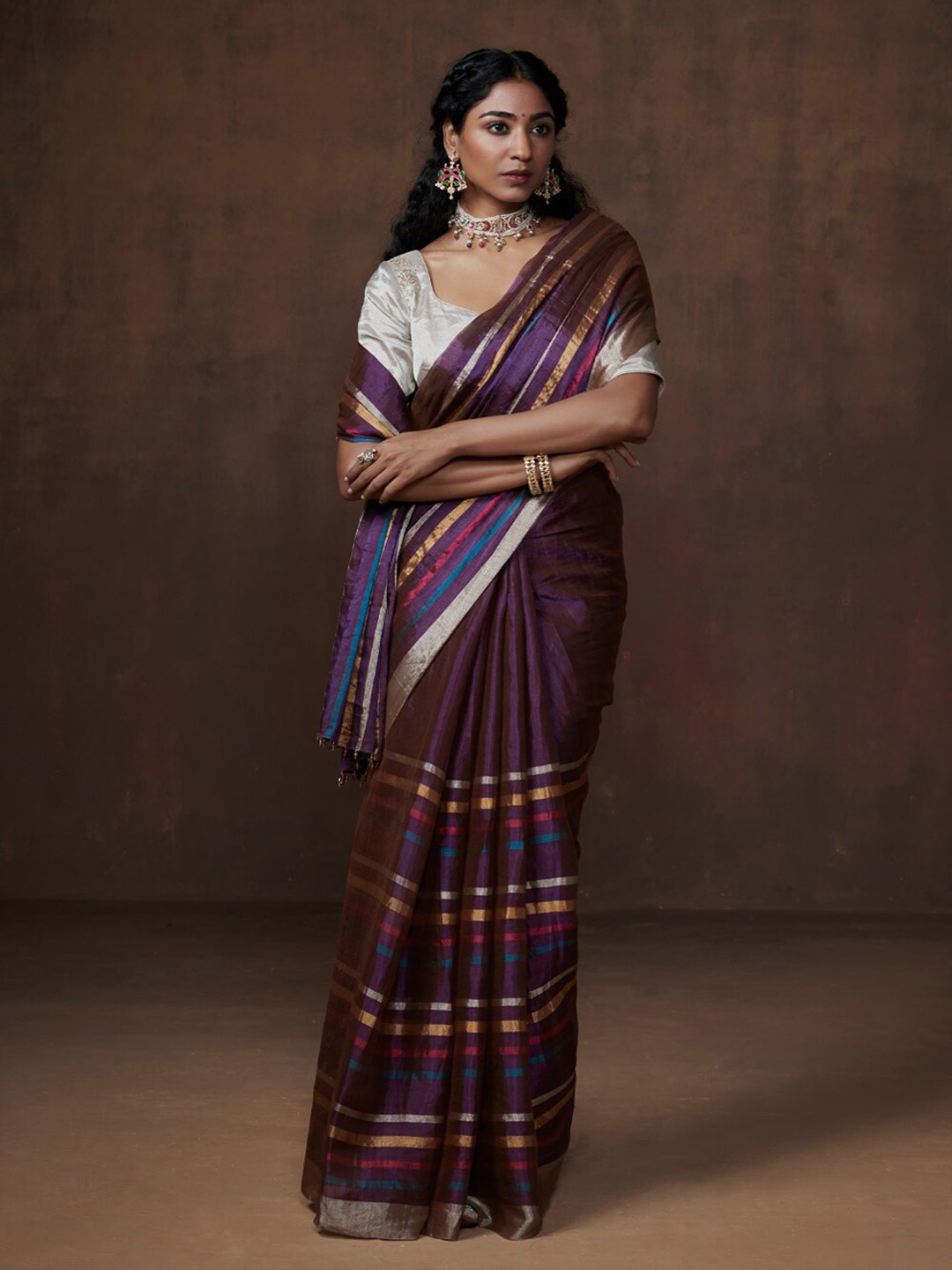 

Dressfolk Striped Tissue Saree, Purple