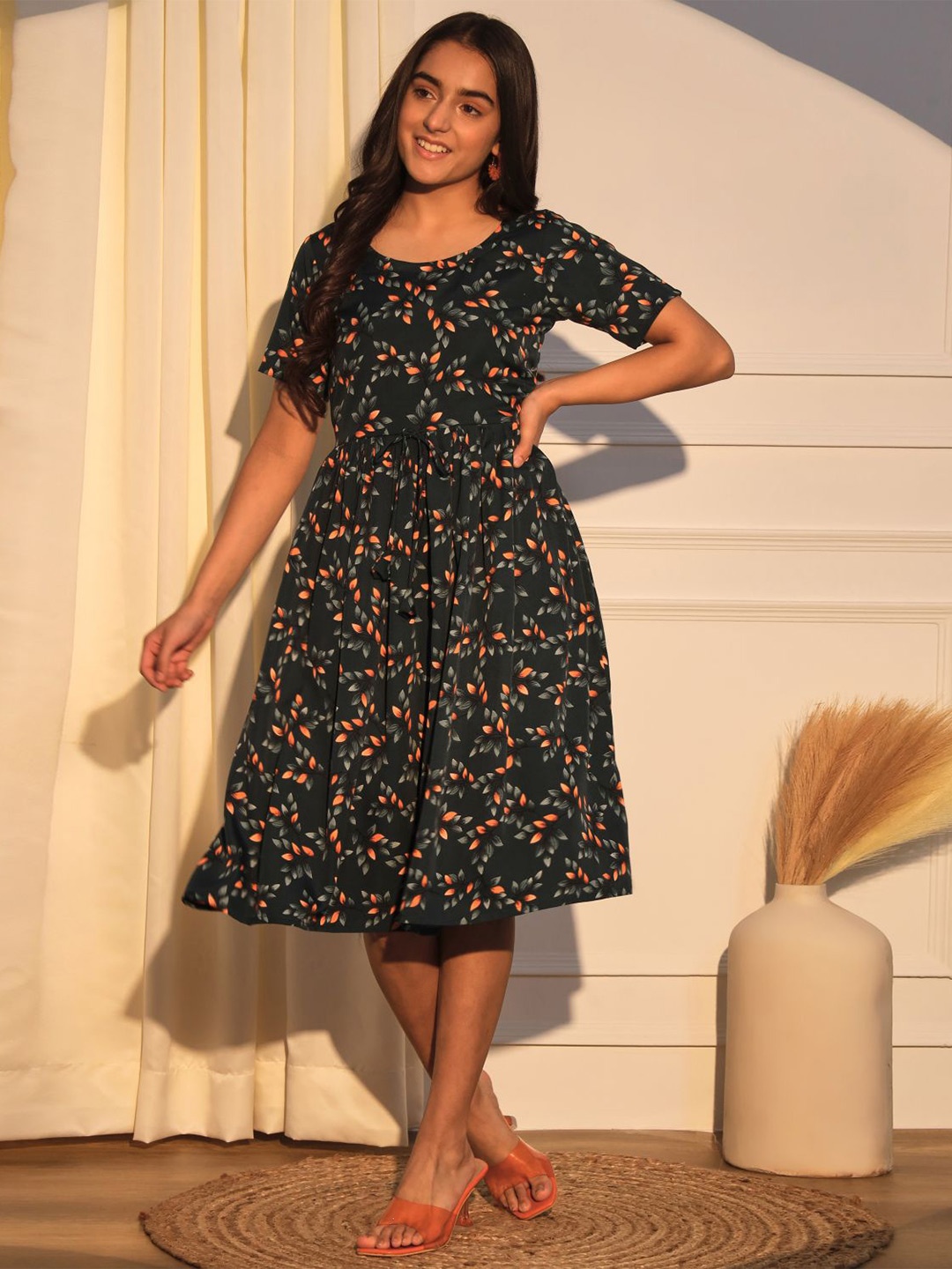White World Girls Floral Printed Round Neck A-Line Dress, Green