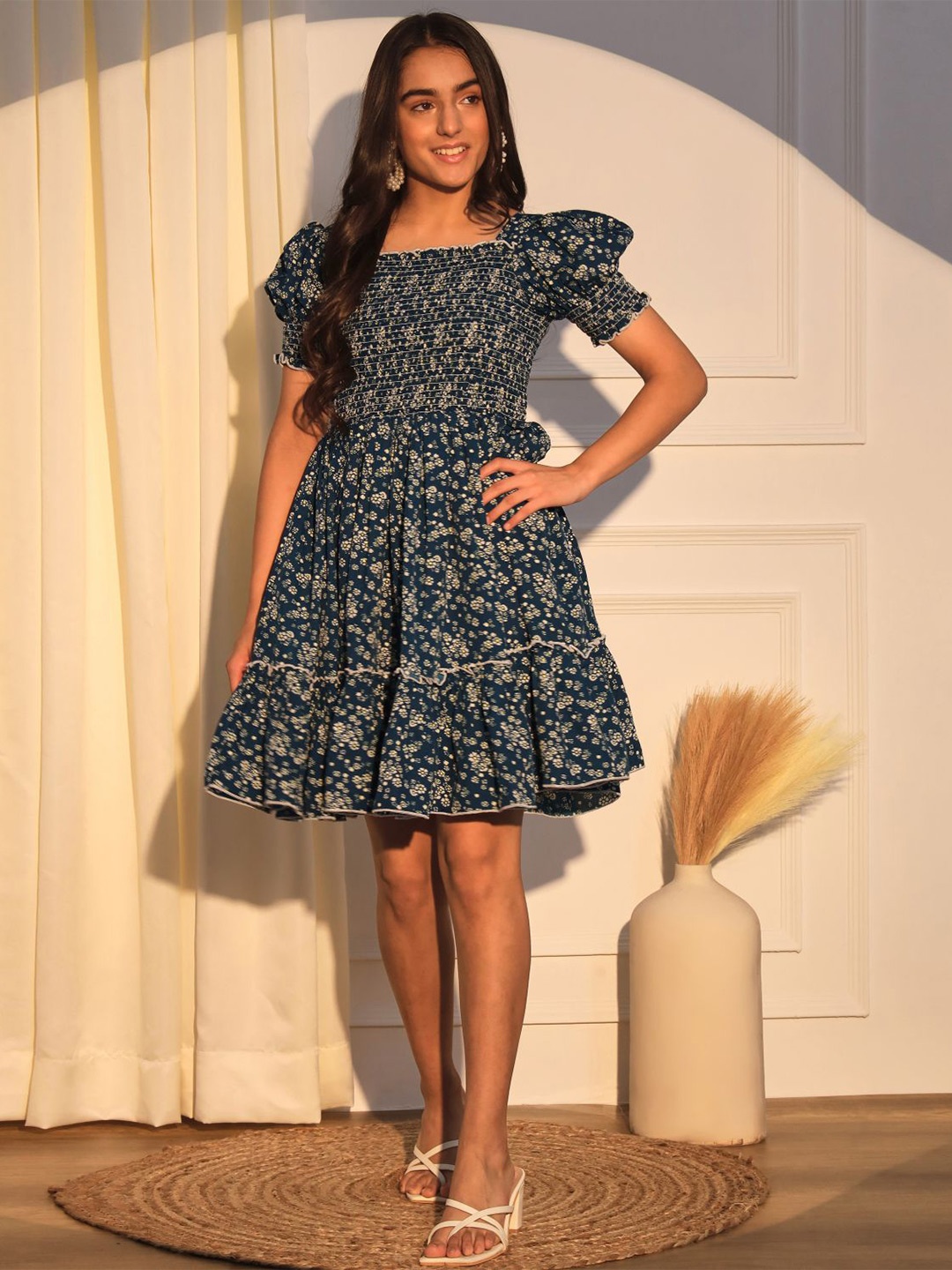 White World Girls Floral Printed Puff Sleeves Smocked Crepe Fit & Flare Dress, Blue