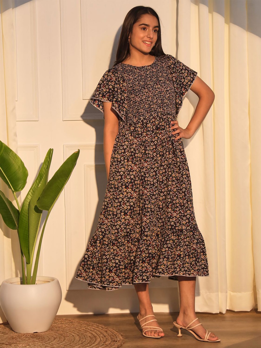 

White World Girls Floral Printed Crepe A-Line Midi Dress, Black