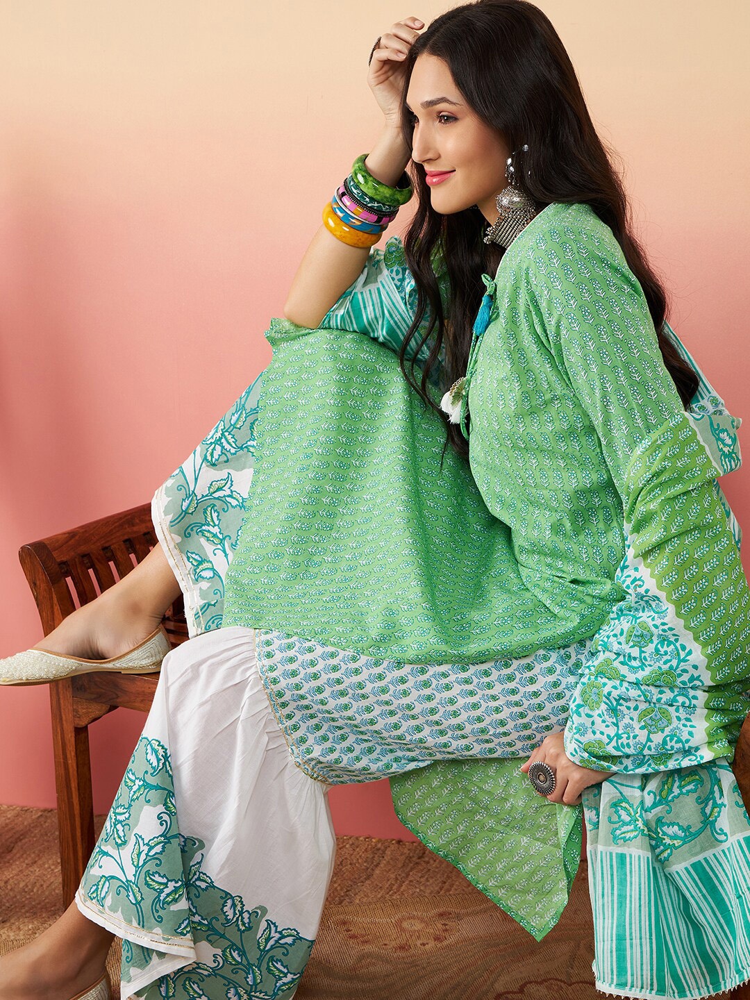 

Sangria Floral Printed Pure Cotton Straight Kurta With Sharara & Dupatta, Green