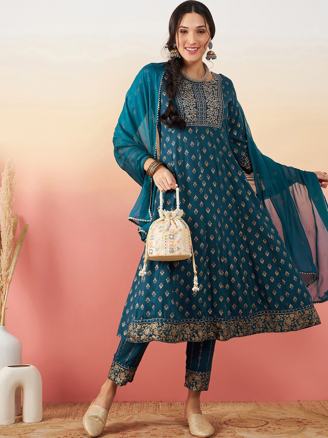 

Sangria Floral Printed Anarkali Kurta With Trouser & Dupatta, Teal