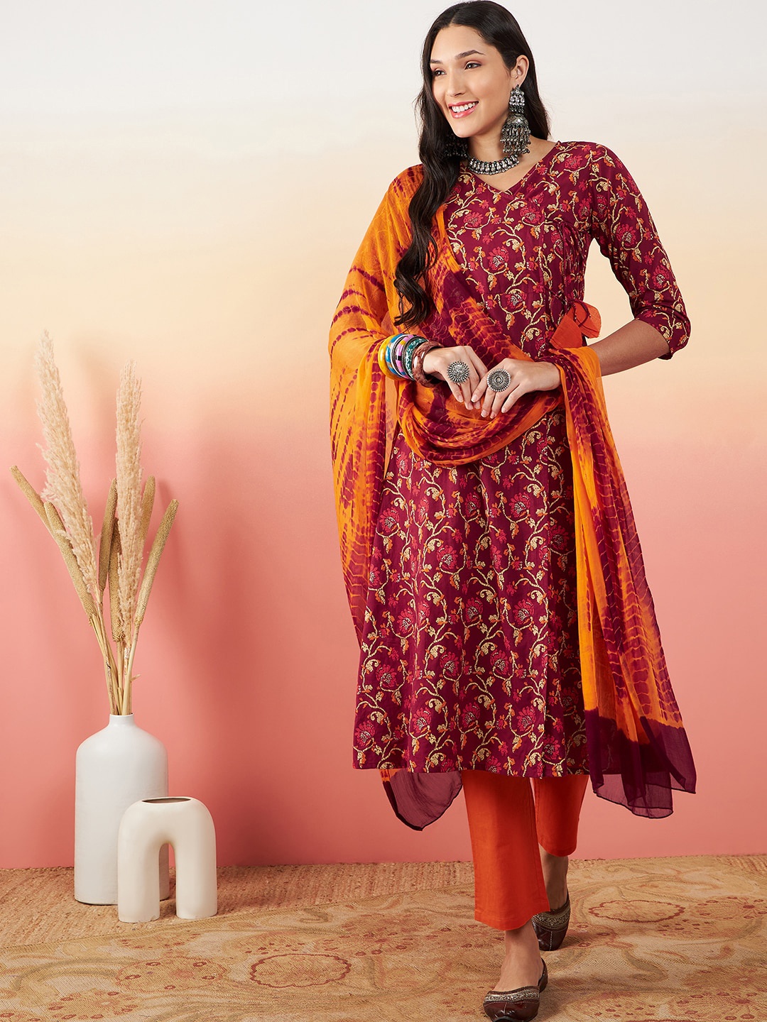 

Sangria Floral Printed Pure Cotton Anarkali Kurta With Trouser & Dupatta Set, Maroon