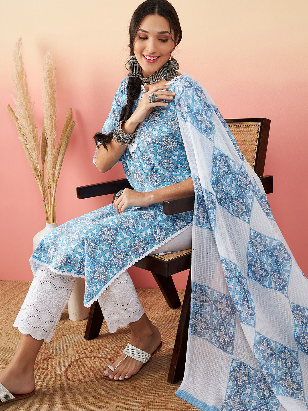 

Sangria Ethnic Motifs Printed Pure Cotton Straight Kurta With Trouser & Dupatta, Blue