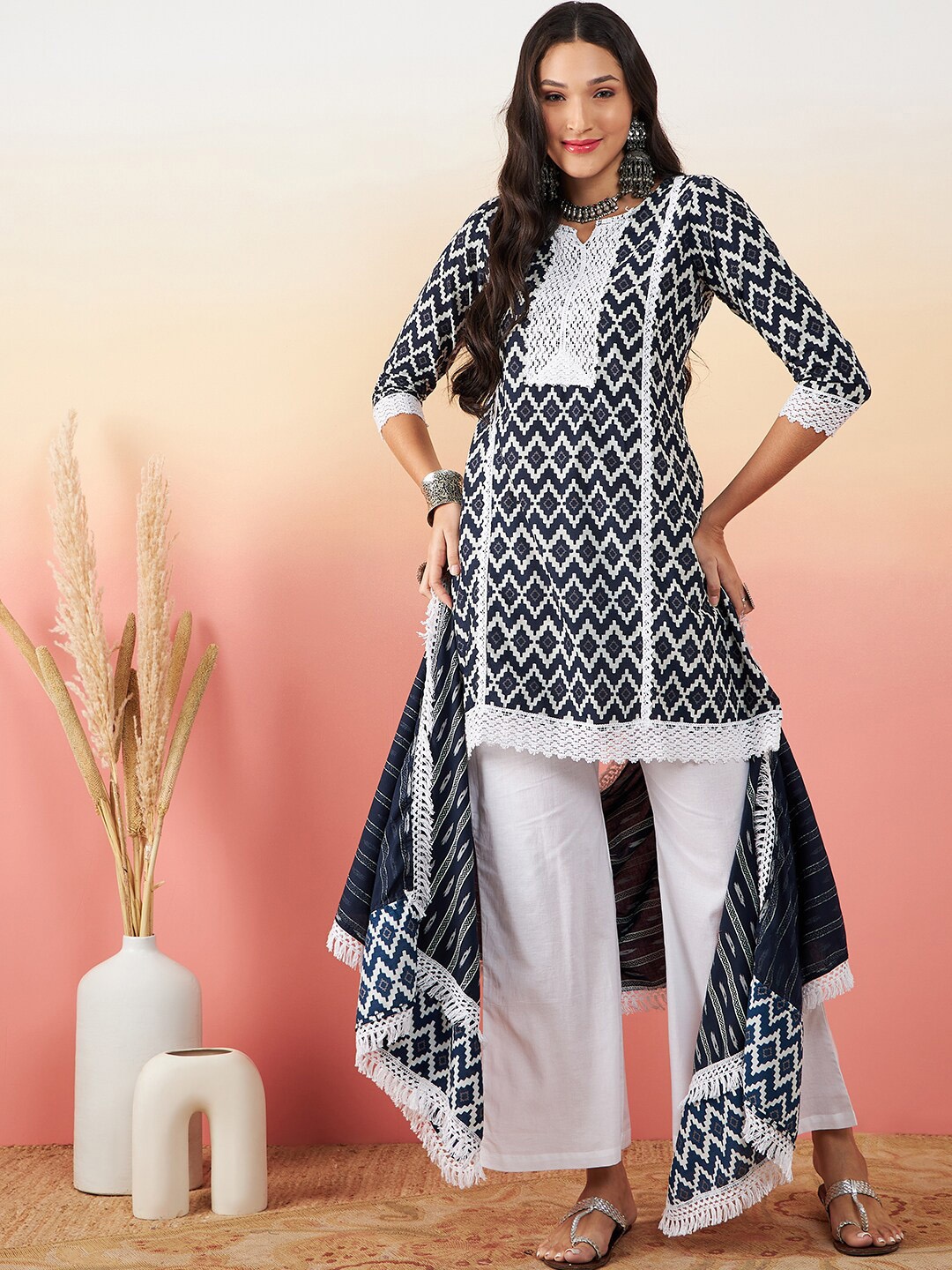 

Sangria Geometric Printed Pure Cotton A-Line Kurti With Palazzo & Dupatta Set, Navy blue