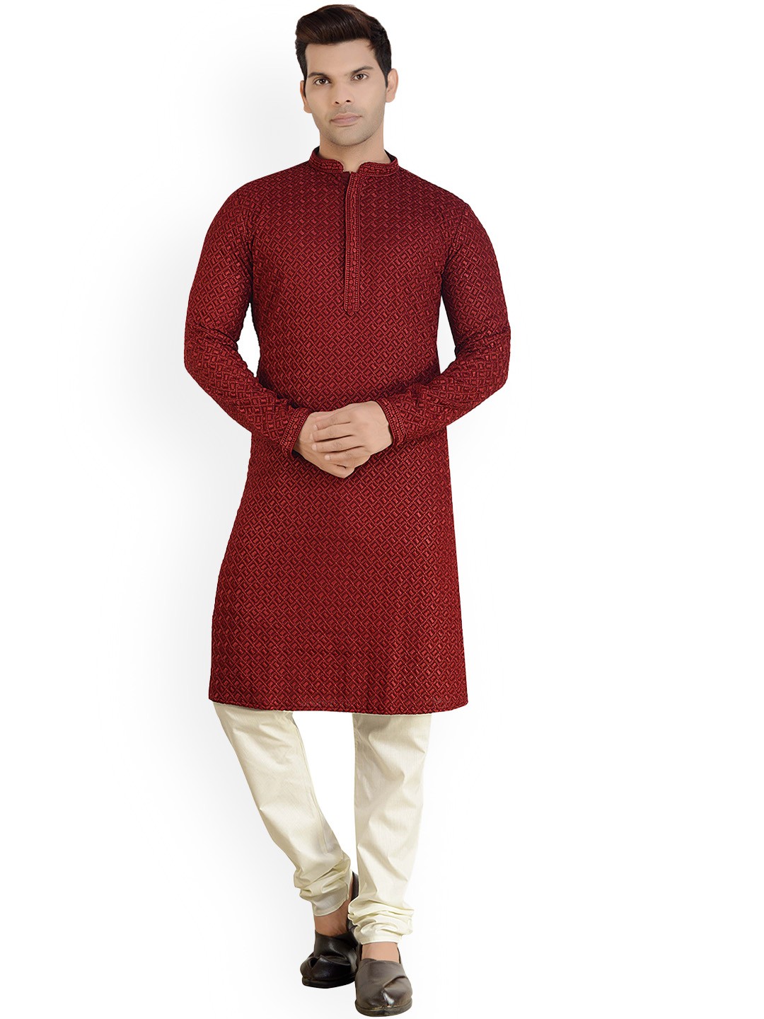 

ARRUGA Geometric Embroidered Regular Kurta With Pyjamas, Maroon