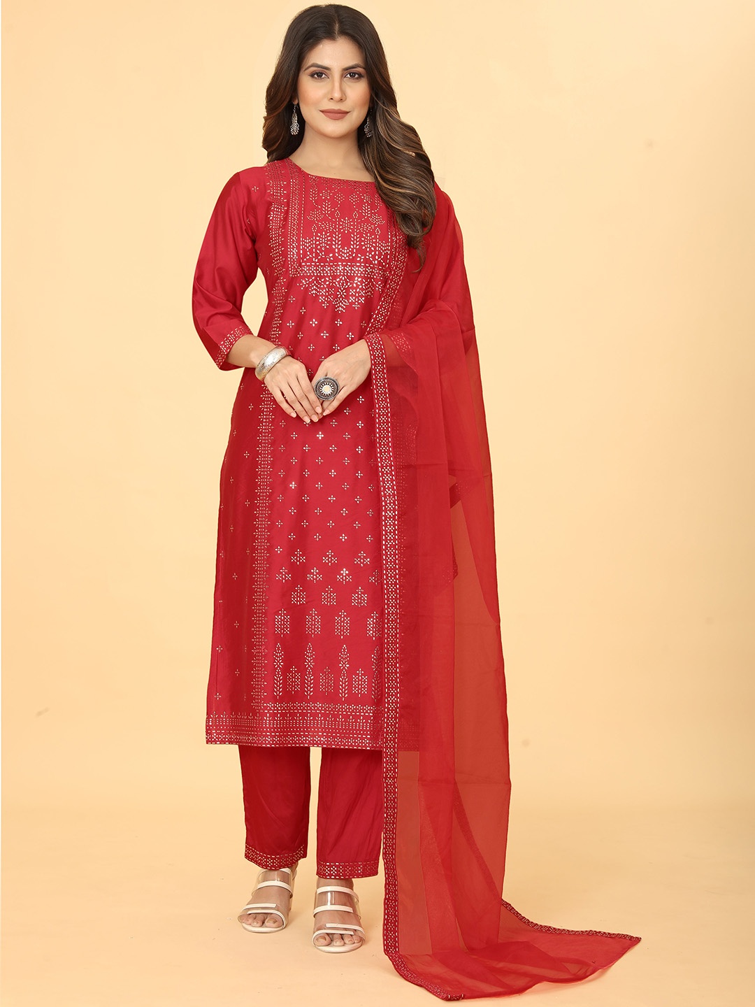 

Mclothings Floral Printed Regular Mukaish Kurta With Trousers & Dupatta, Red