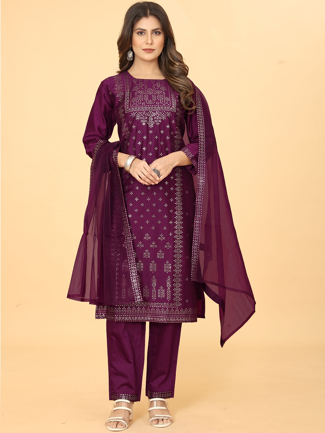 

Mclothings Floral Printed Regular Mukaish Kurta With Trousers & Dupatta, Purple