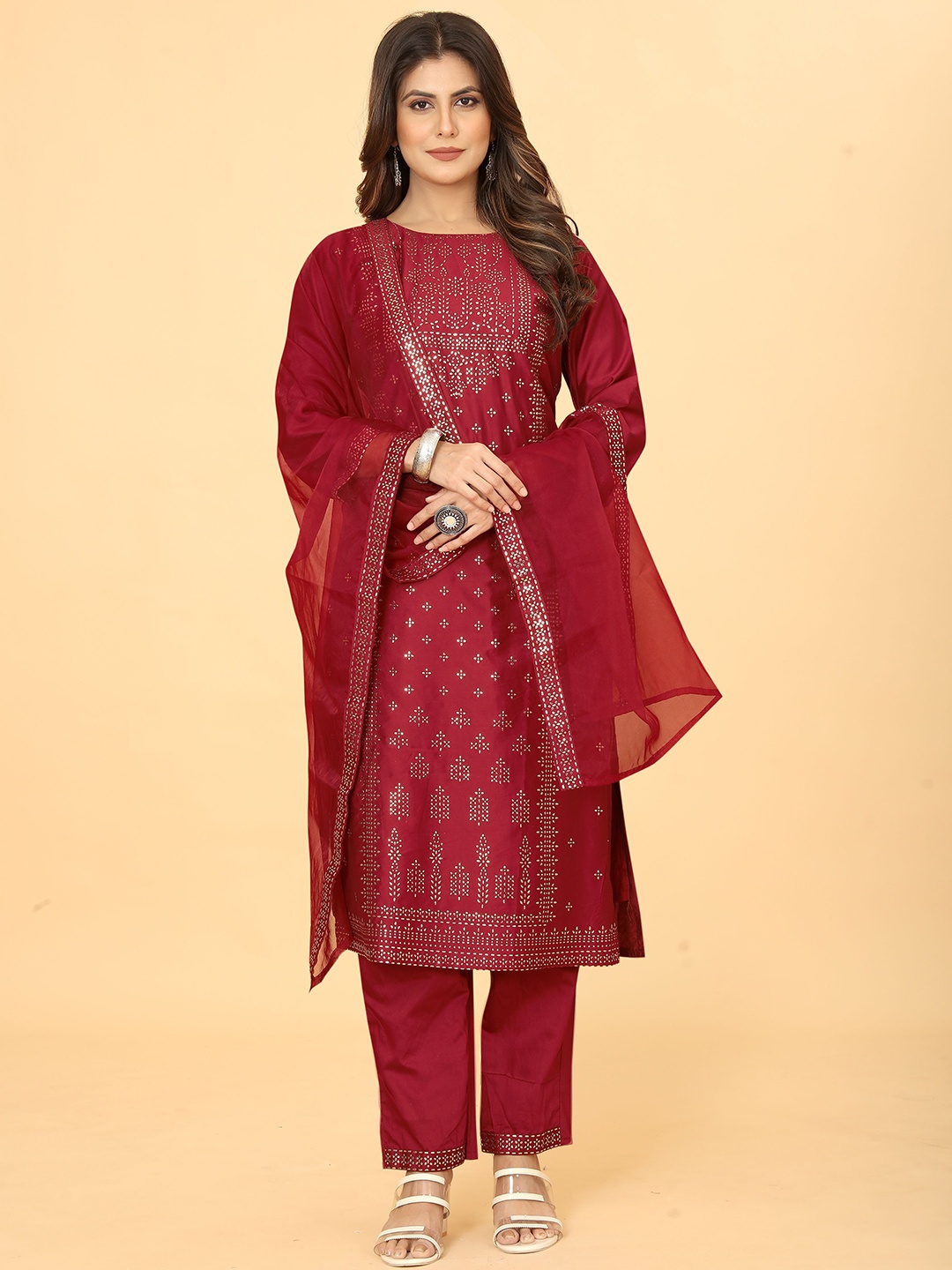 

Mclothings Ethnic Motifs Printed Regular Mukaish Kurta With Trousers & Dupatta, Maroon