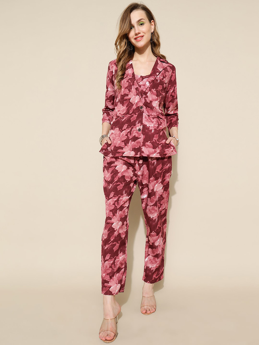 

KALINI Floral Printed Top With Blazer & Trousers, Pink