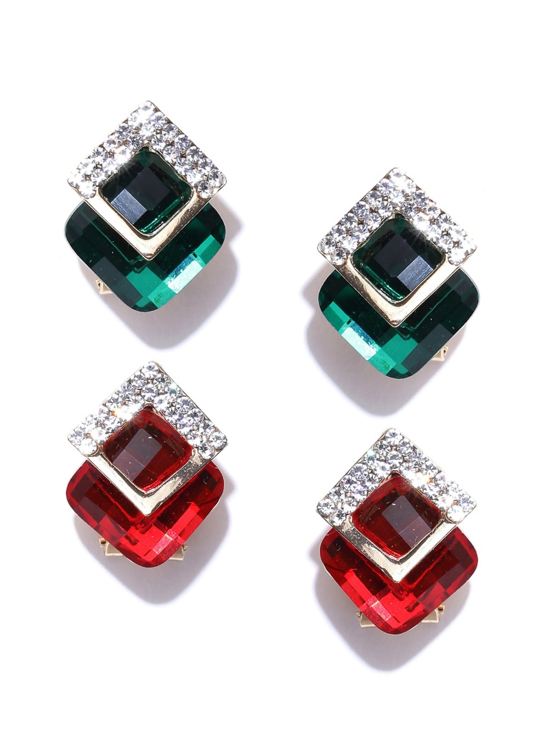 

DressBerry Set Of 2 Gold-Plated Artificial Stones Studded Diamond-Shaped Studs