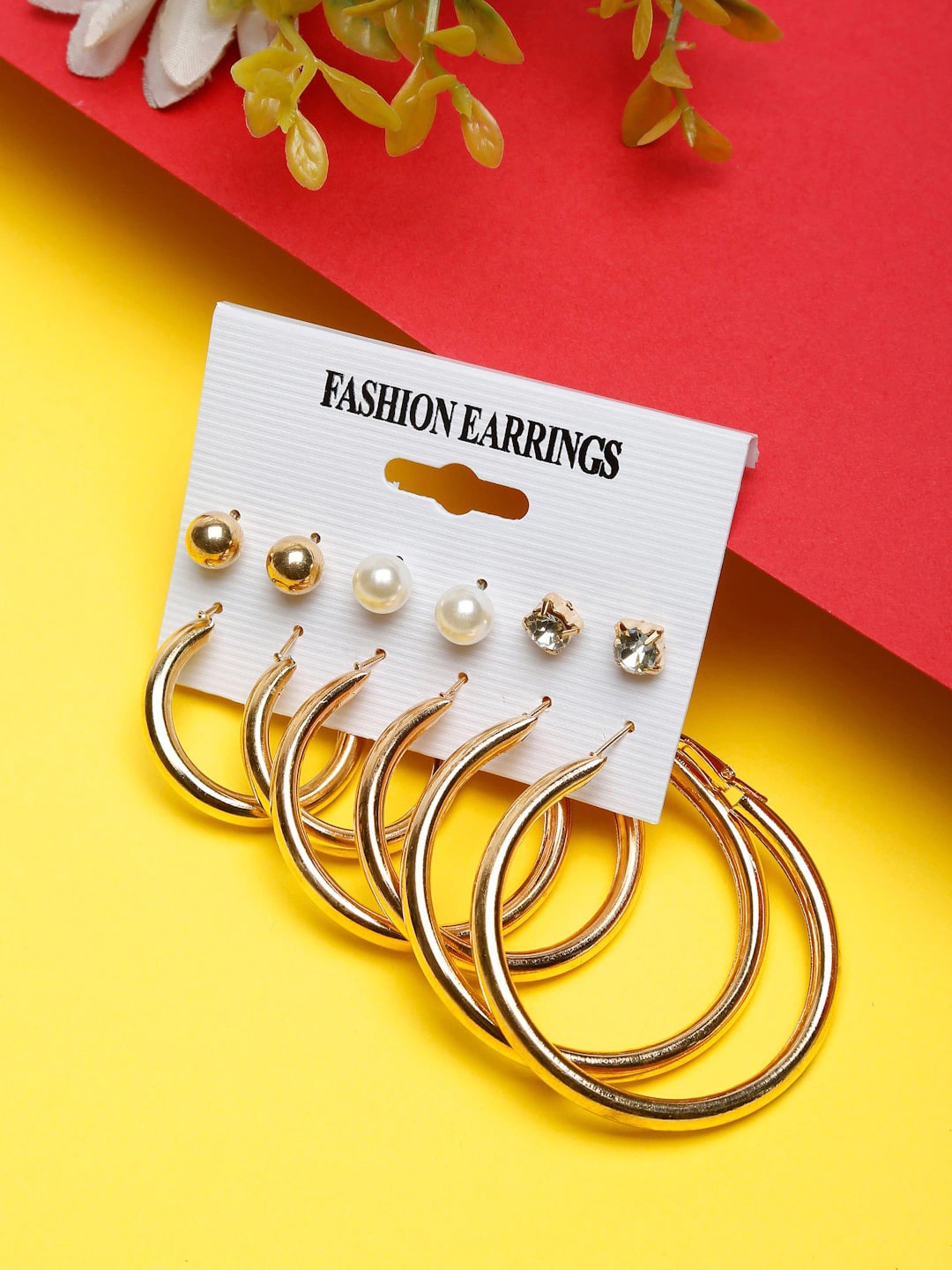 

DressBerry Set Of 6 Gold Plated Studs & Half Hoop Earrings