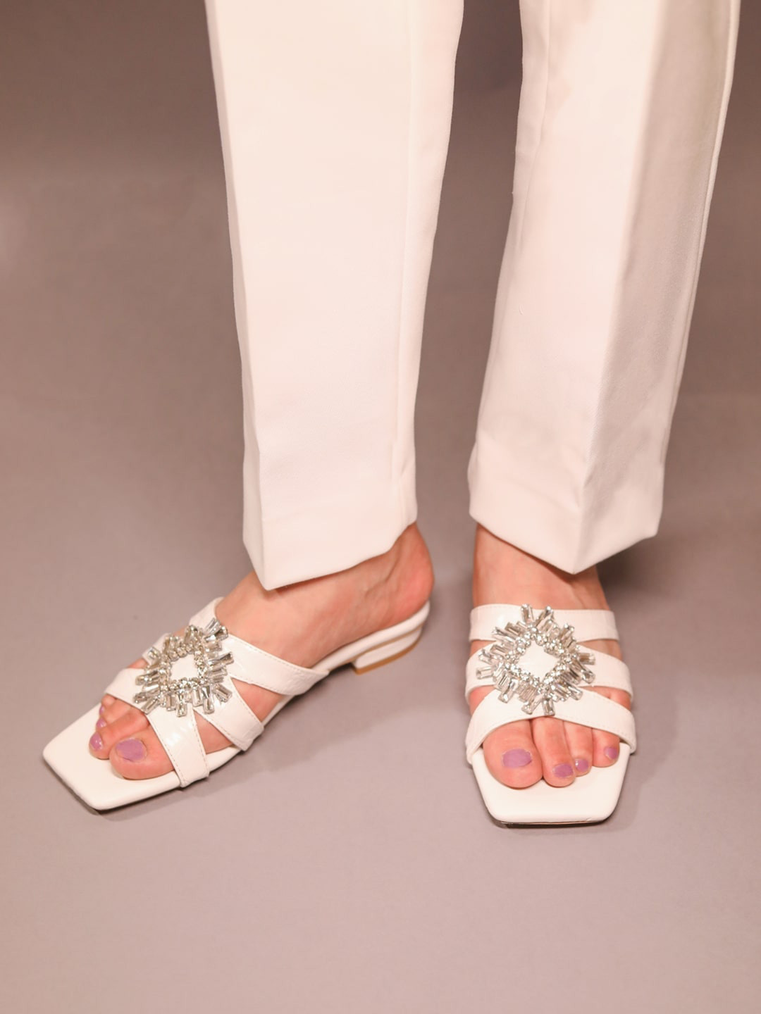 

Devano Embellished Open Toe Flats, White