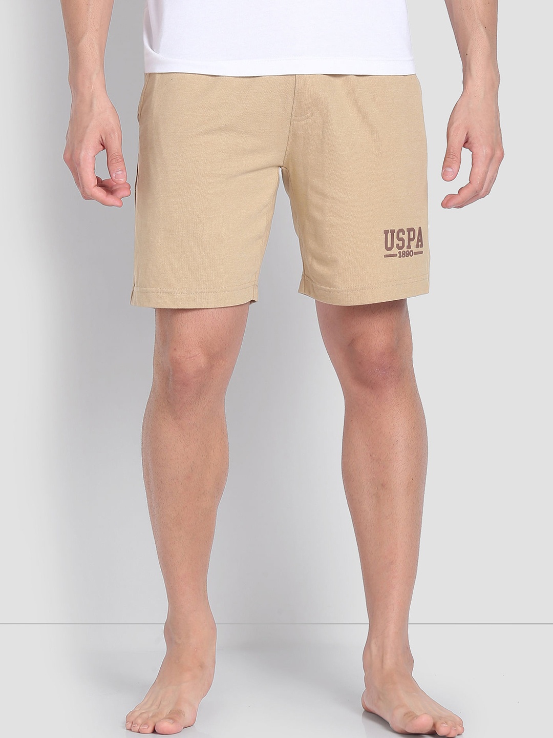 

U.S. Polo Assn. Men Mid Rise Logo IYBF Knitted Cotton Lounge Shorts, Beige