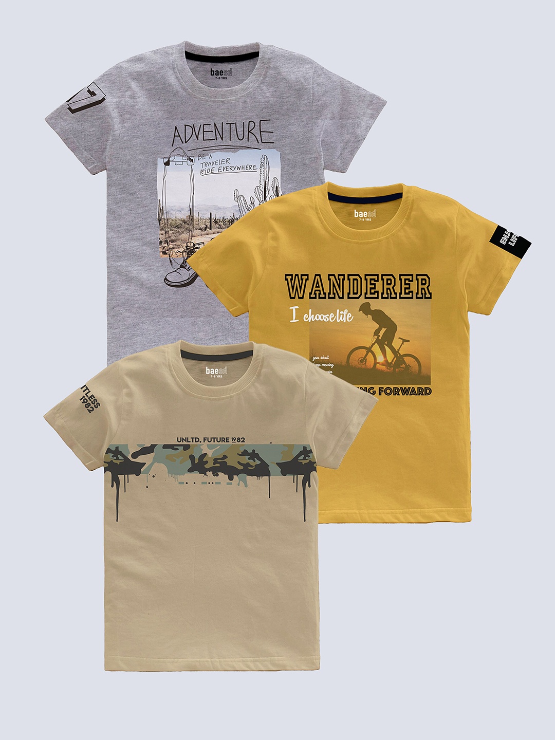 

BAESD Boys Pack Of 3 Graphic Printed Pure Cotton T-shirt, Beige