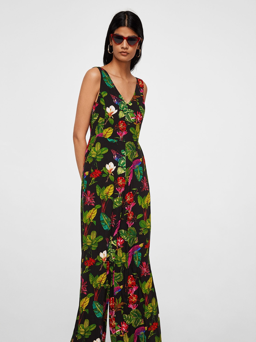 

MANGO Black & Green Floral Print Basic Jumpsuit
