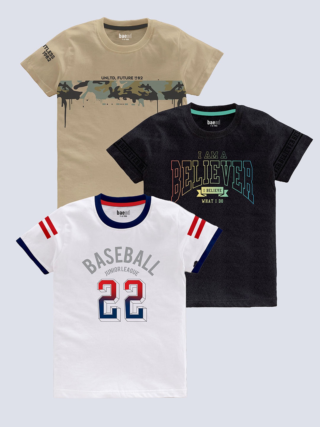 

BAESD Boys Pack Of 3 Typography Printed Pure Cotton T-shirt, Beige
