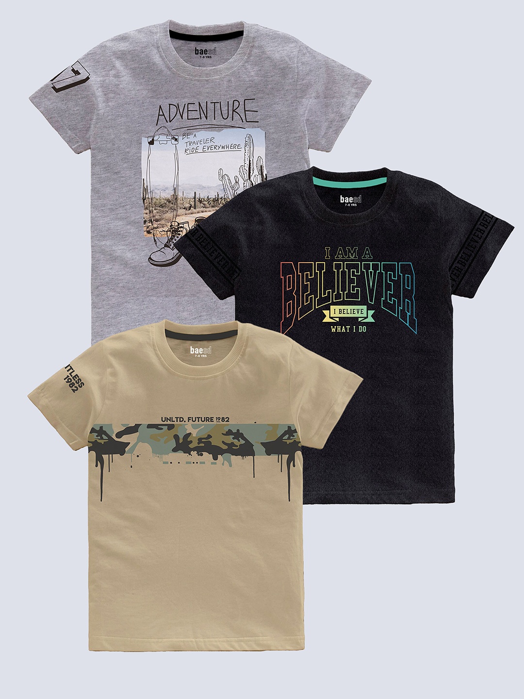 

BAESD Boys Pack of 3 Typography Printed Pure Cotton T-shirt, Beige