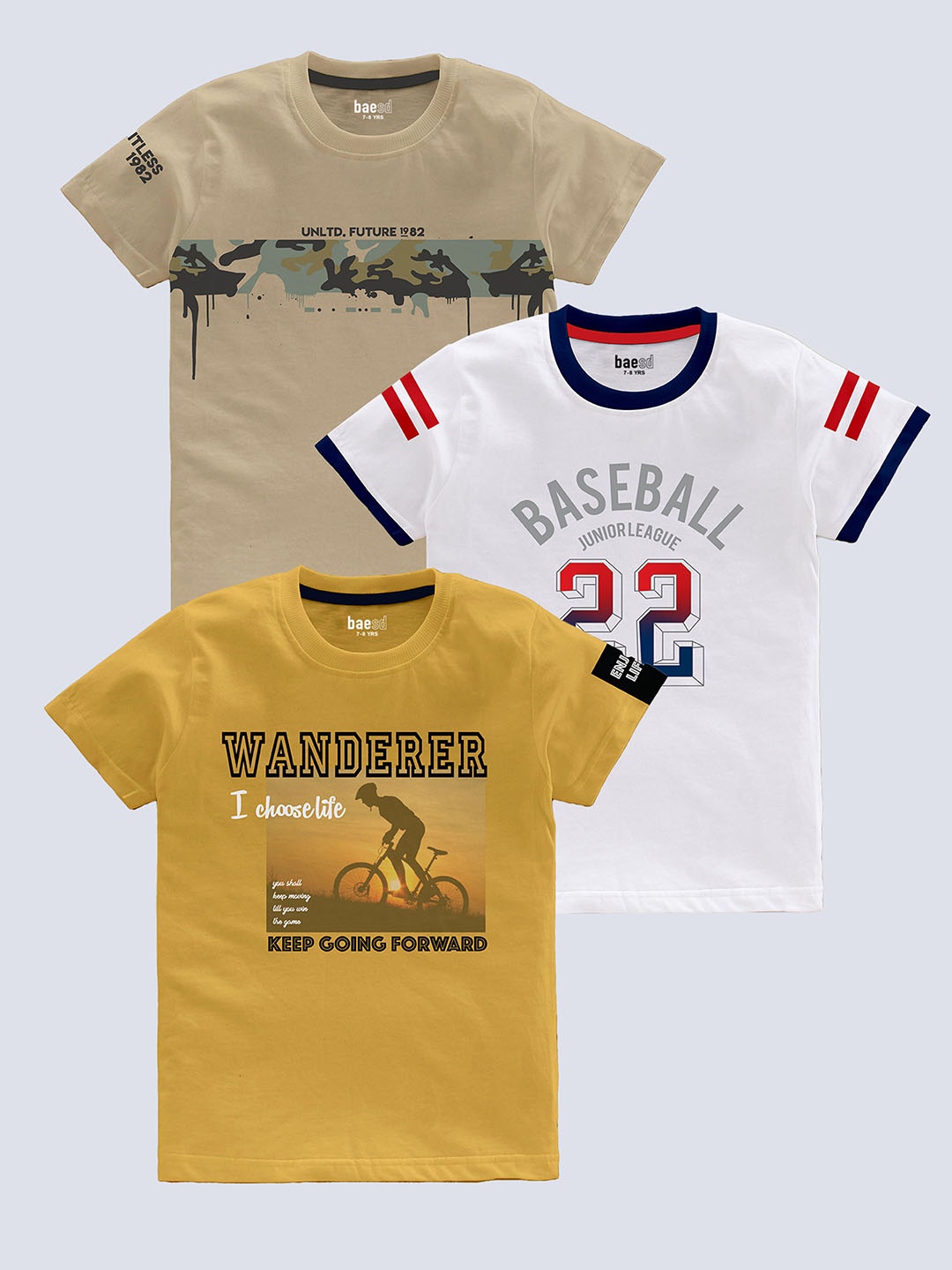 

BAESD Boys Pack Of 3 Typography Printed Pure Cotton T-shirt, Beige