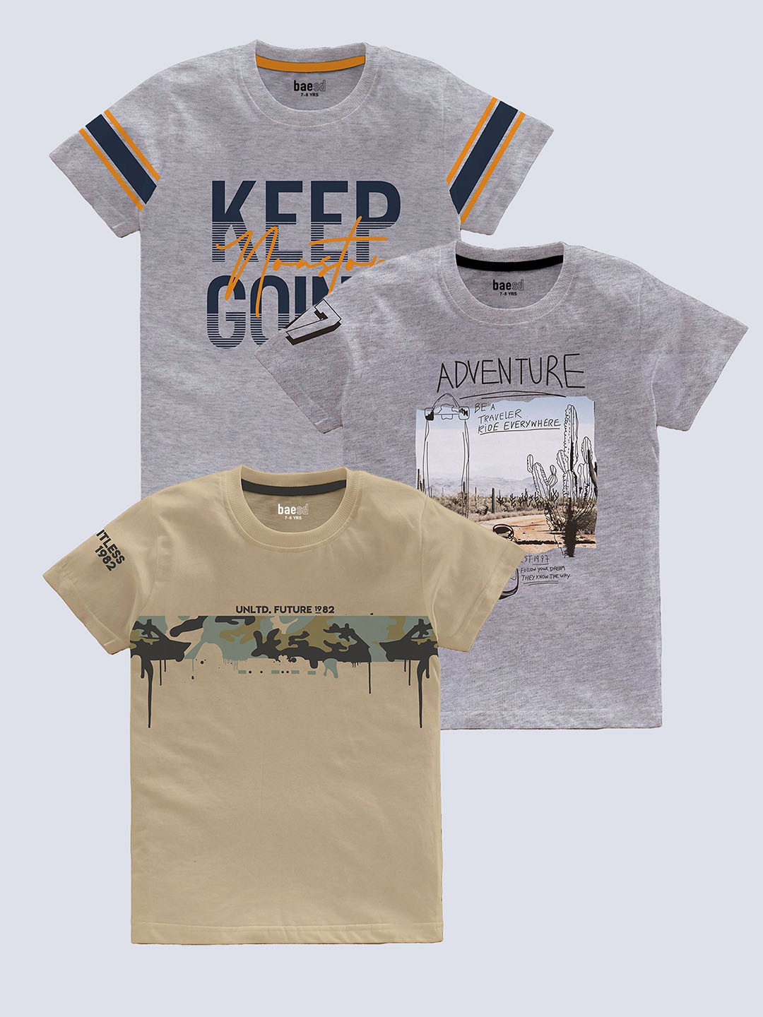 

BAESD Boys Pack Of 3 Typography Printed Pure Cotton T-shirt, Grey