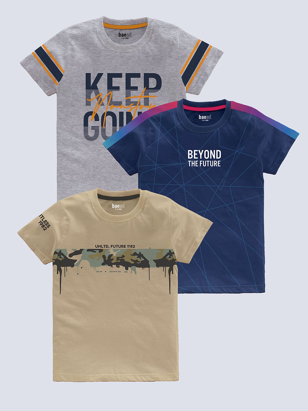 

BAESD Boys Pack Of 3 Typography Printed Pure Cotton T-shirt, Beige