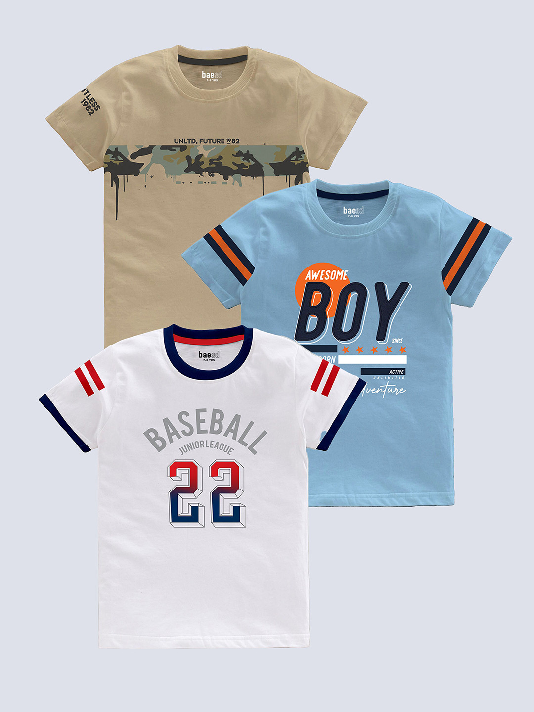 

BAESD Boys Pack Of 3 Typography Printed Round Neck Short Sleeves Pure Cotton T-shirt, Khaki