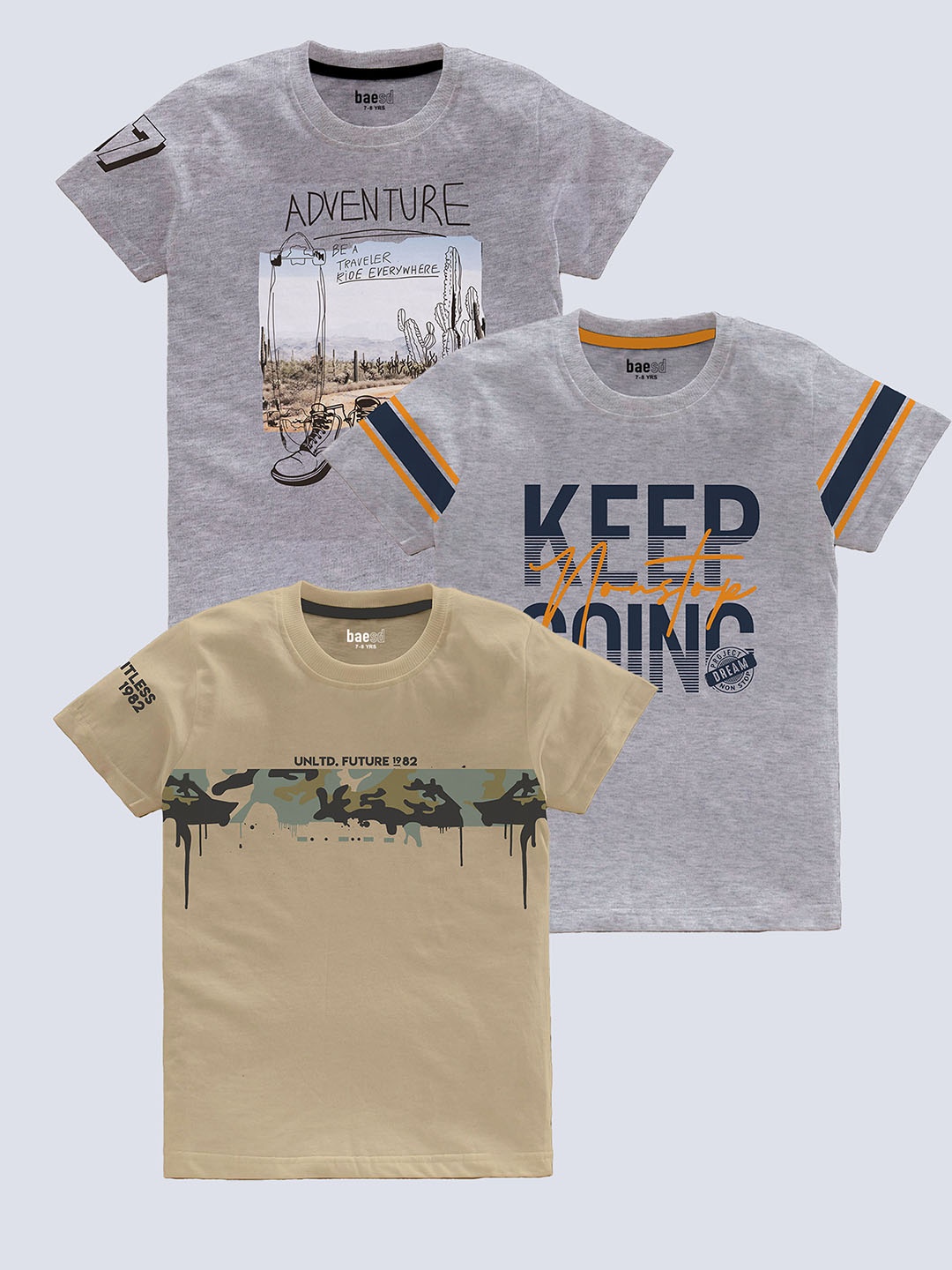 

BAESD Boys Boys Pack Of 3 Typography Printed Round Neck Cotton T-shirts, Grey
