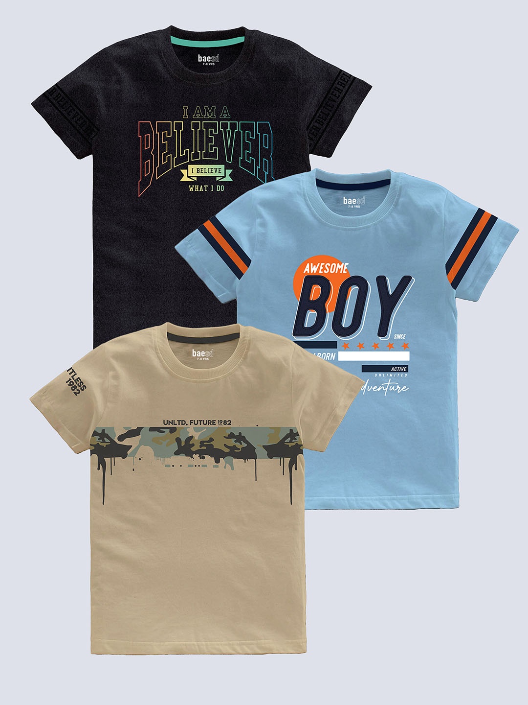 

BAESD Boys Pack Of 3 Typography Printed Pure Cotton T-shirt, Black
