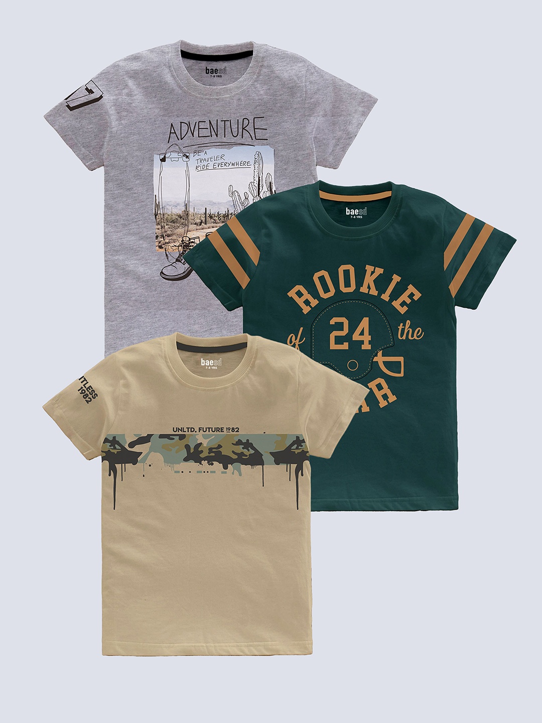 

BAESD Boys Pack Of 3 Printed Pure Cotton T-shirt, Grey