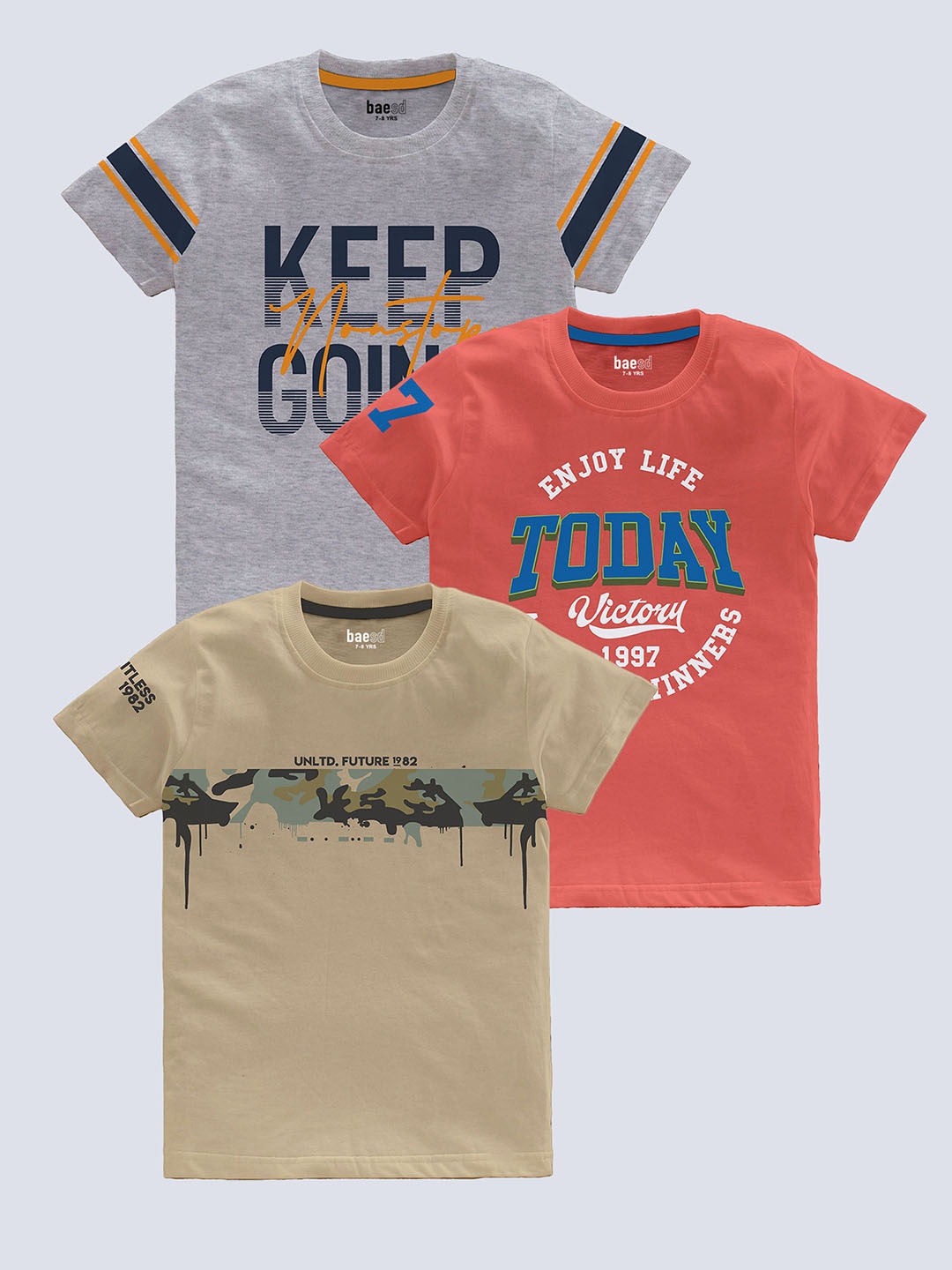 

BAESD Boys Pack Of 3 Typography Printed Pure Cotton T-shirt, Grey