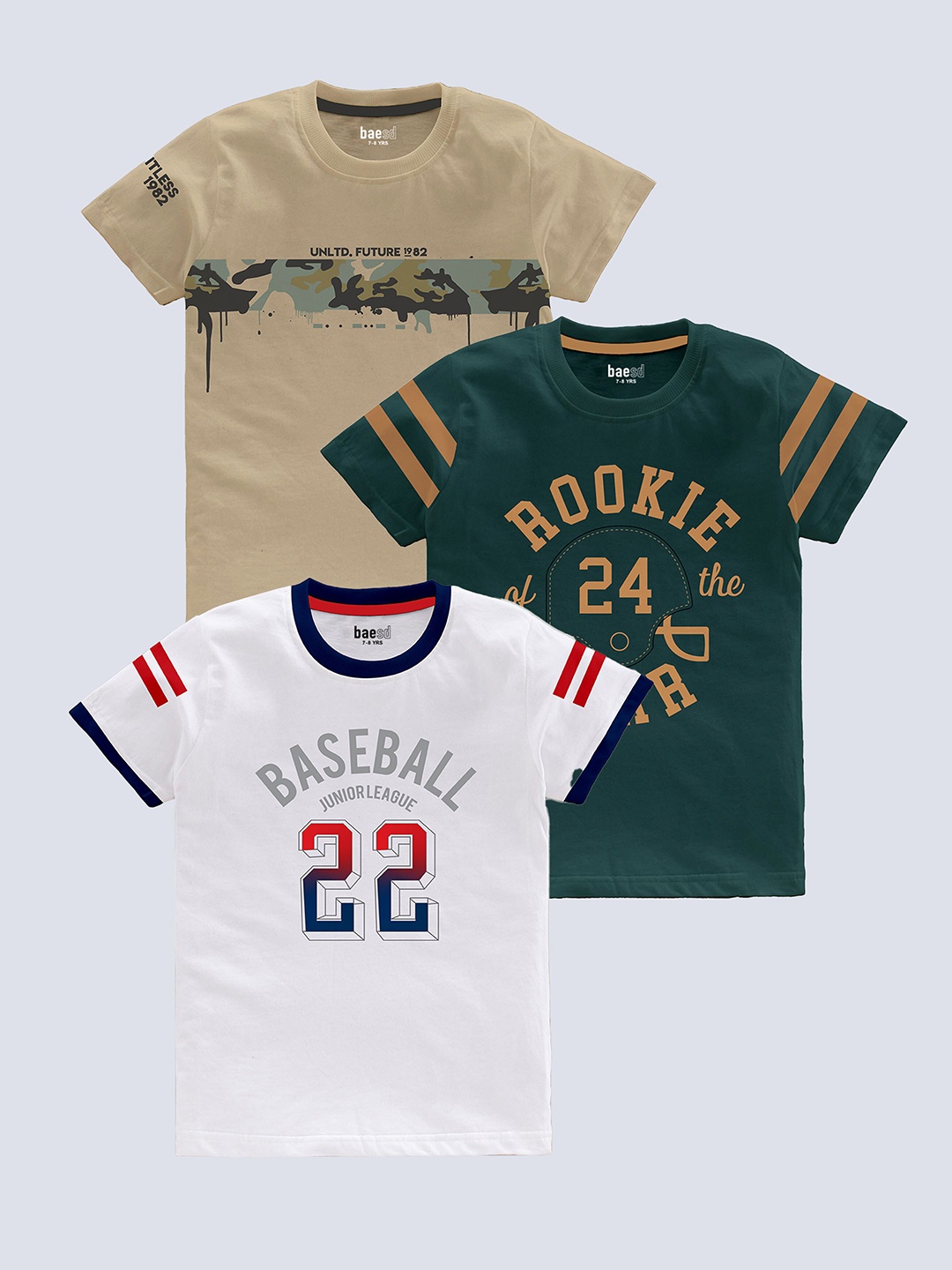 

BAESD Boys Pack Of 3 Typography Printed Pure Cotton T-shirt, Beige