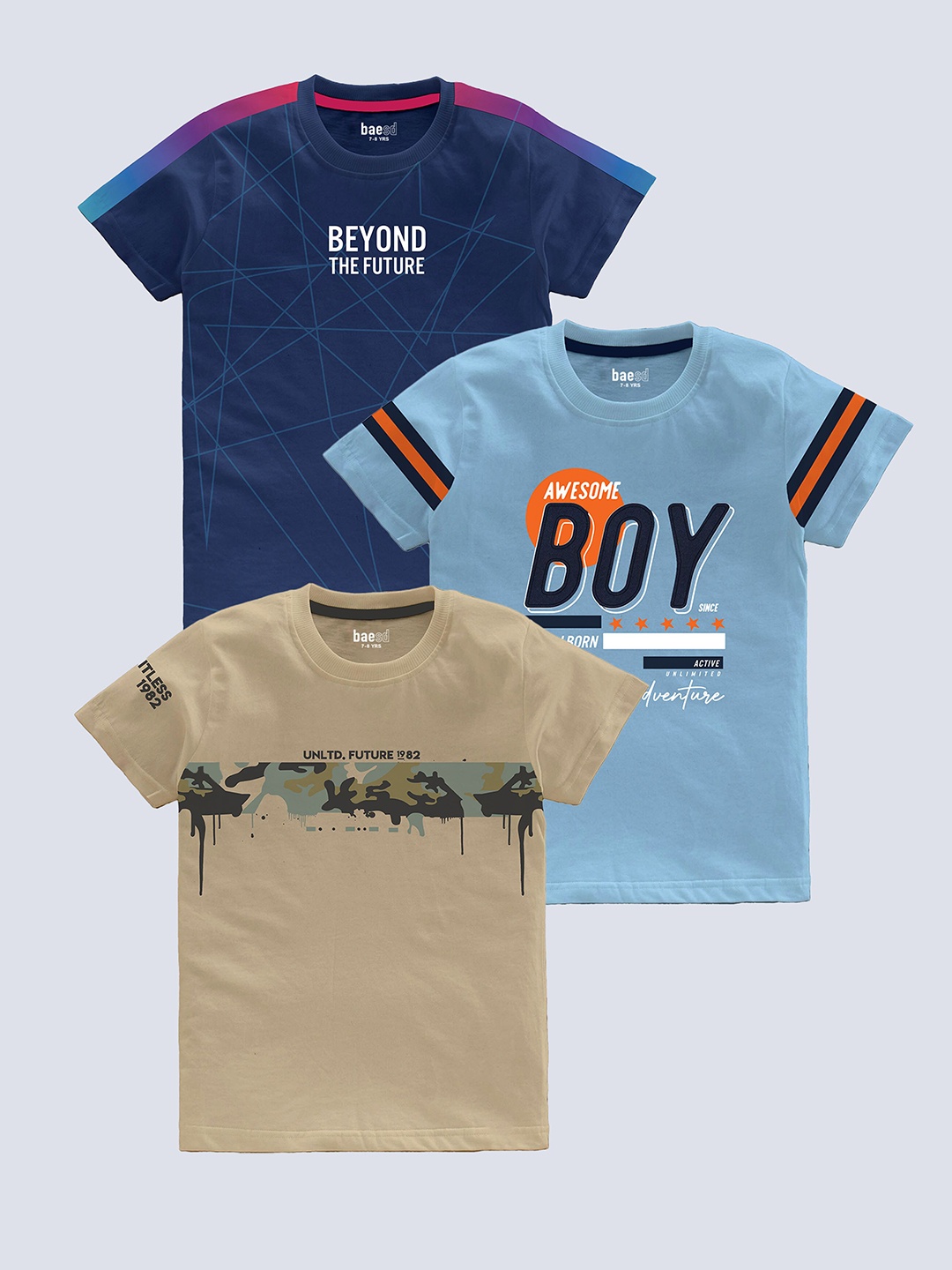 

BAESD Boys Pack Of 3 Typography Printed Pure Cotton T-shirt, Beige