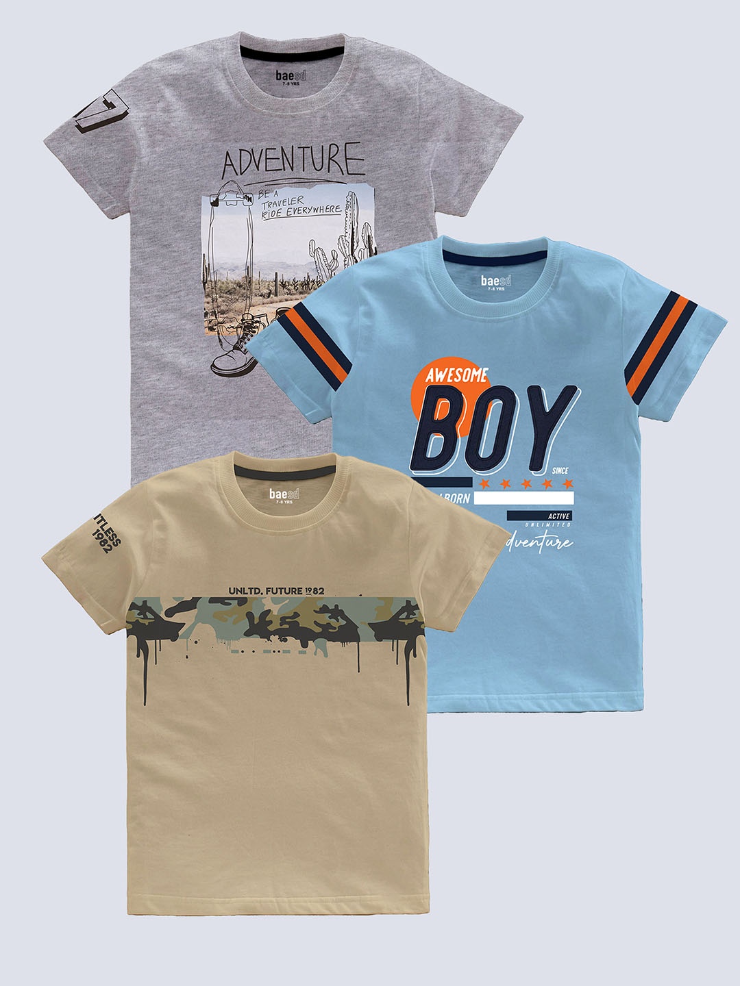 BAESD Boys Pack Of 3 Typography Printed Pure Cotton T-shirt, Beige