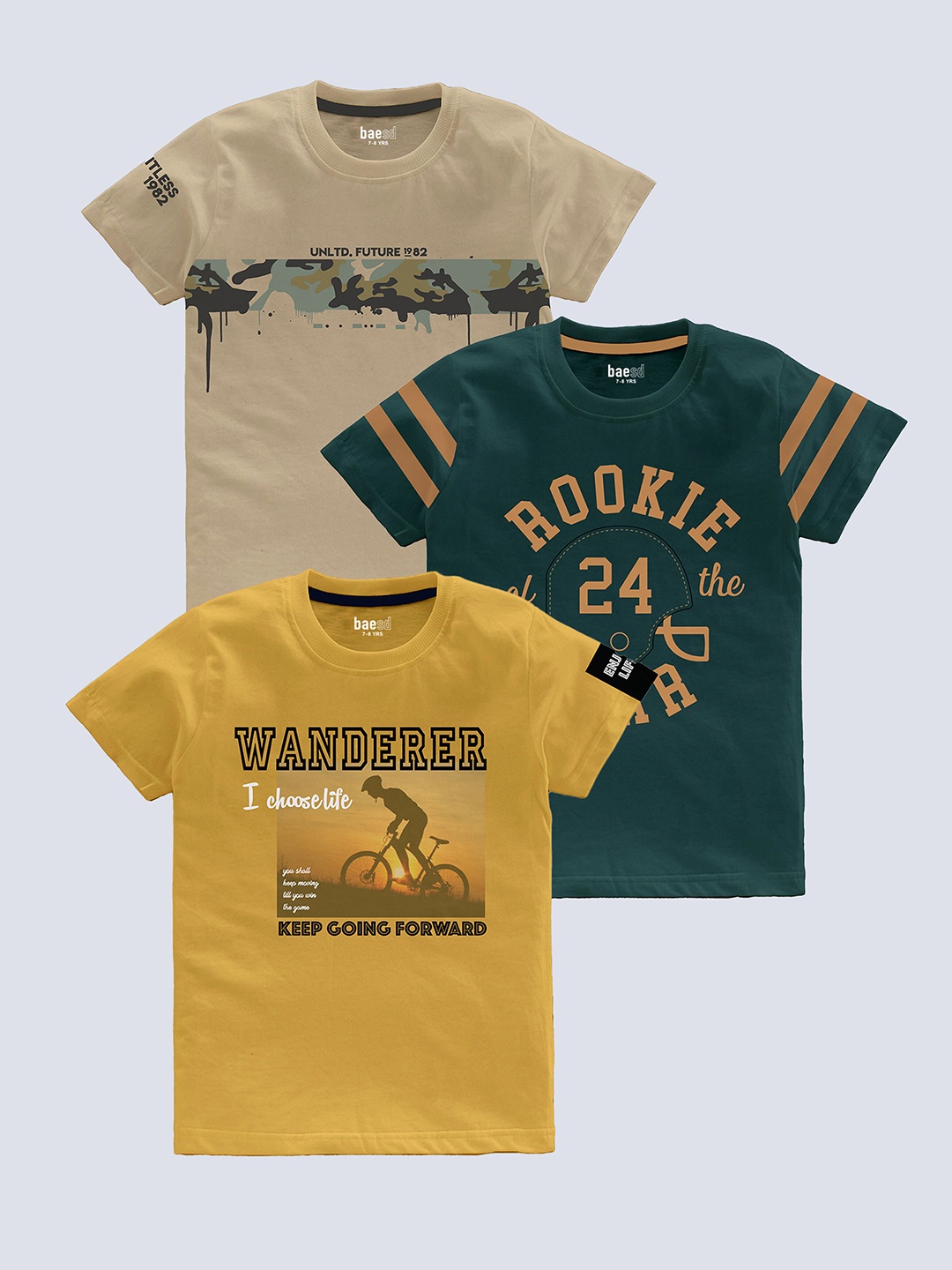 BAESD Boys Pack Of 3 Typography Printed Pure Cotton T-shirt, Beige