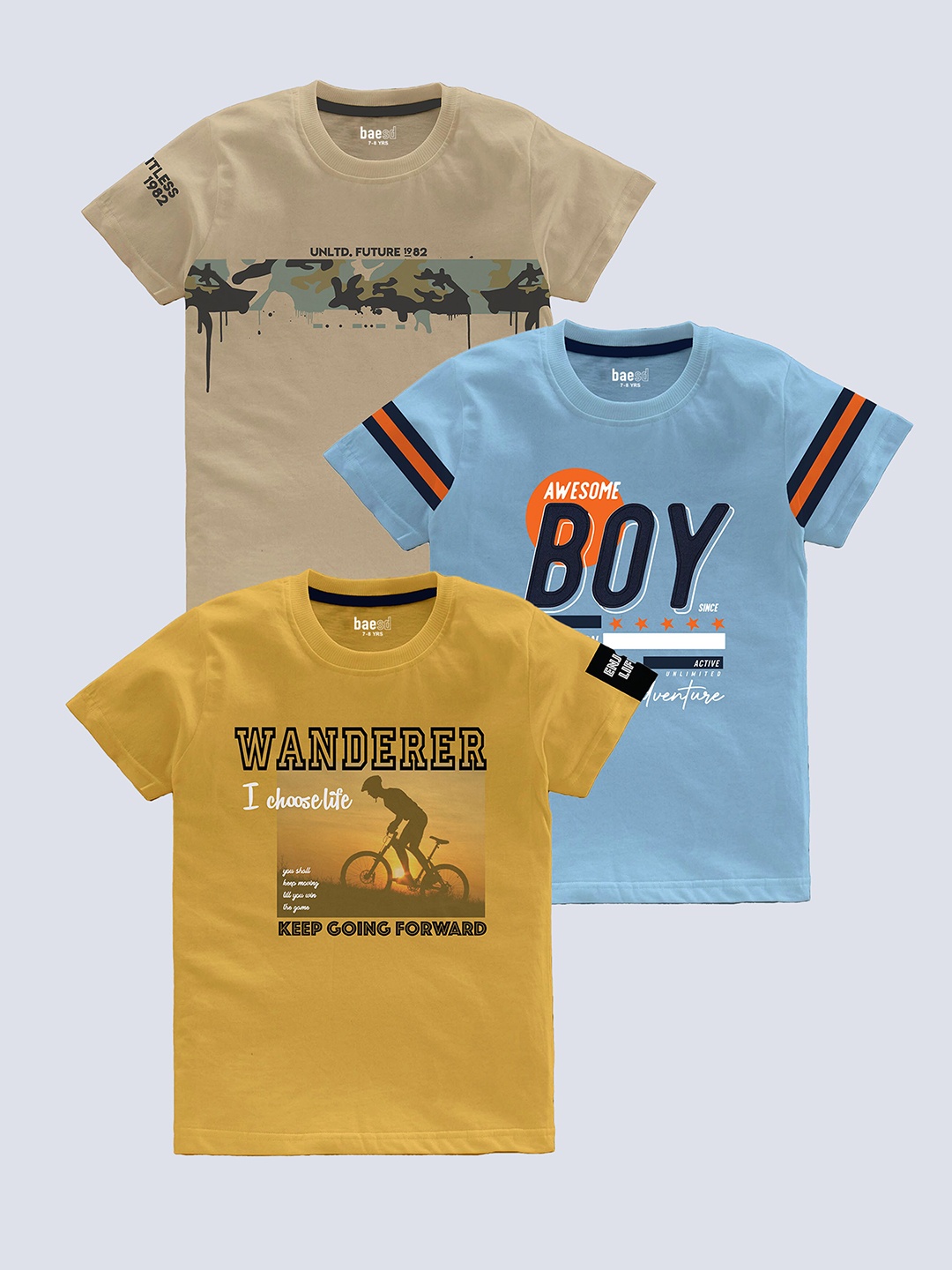 BAESD Boys Pack Of 3 Typography Printed Pure Cotton T-shirt, Beige