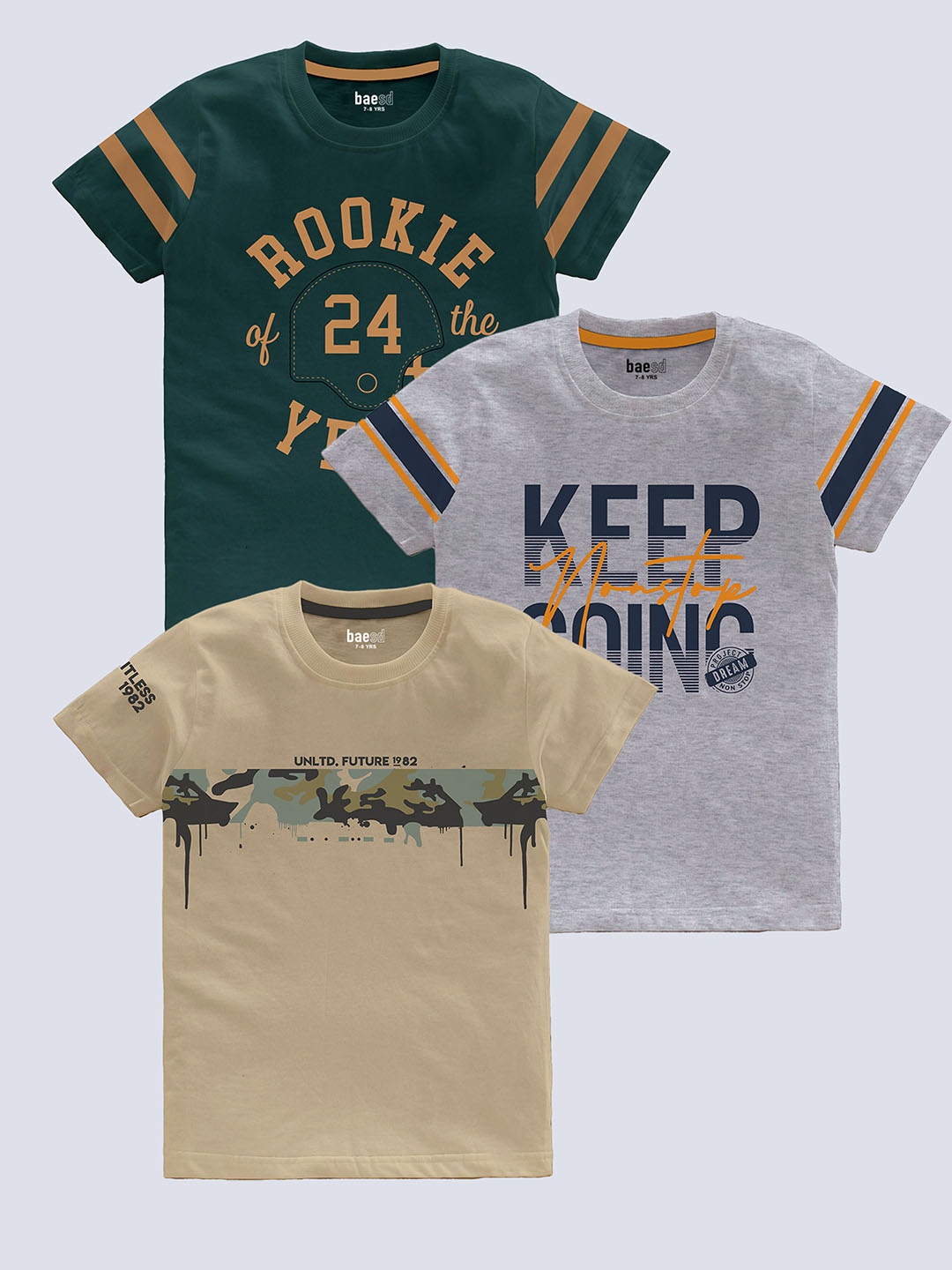 

BAESD Boys Pack Of 3 Typography Printed Pure Cotton T-shirt, Beige