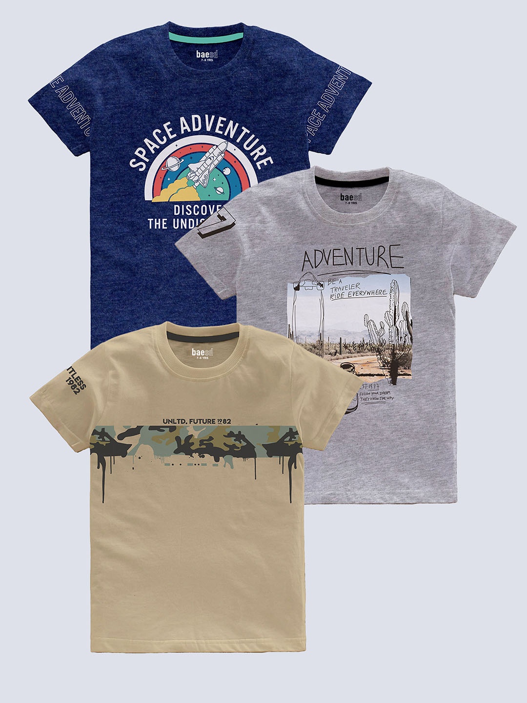 

BAESD Boys Pack of 3 Graphic Printed Cotton T-shirt, Blue