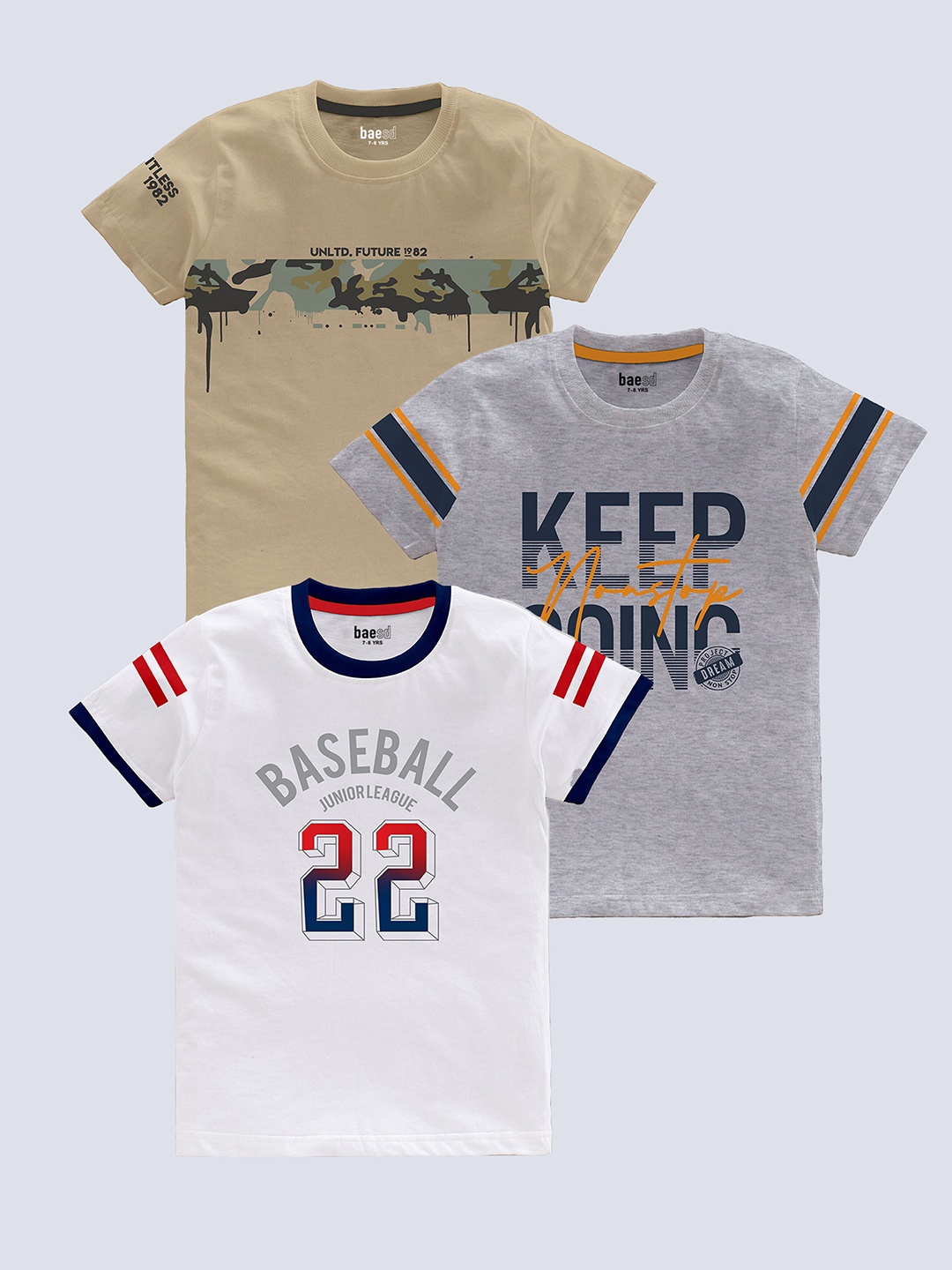 

BAESD Boys Pack Of 3 Typography Printed Pure Cotton T-shirt, Beige