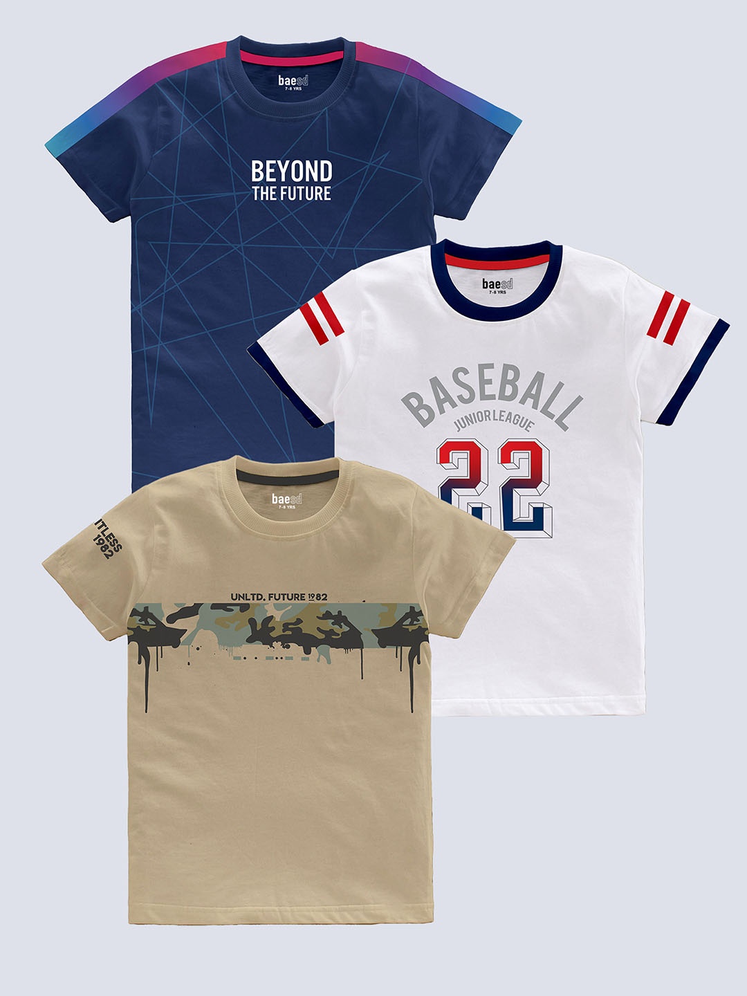 

BAESD Boys Pack Of 3 Typography Printed Pure Cotton T-shirt, Navy blue