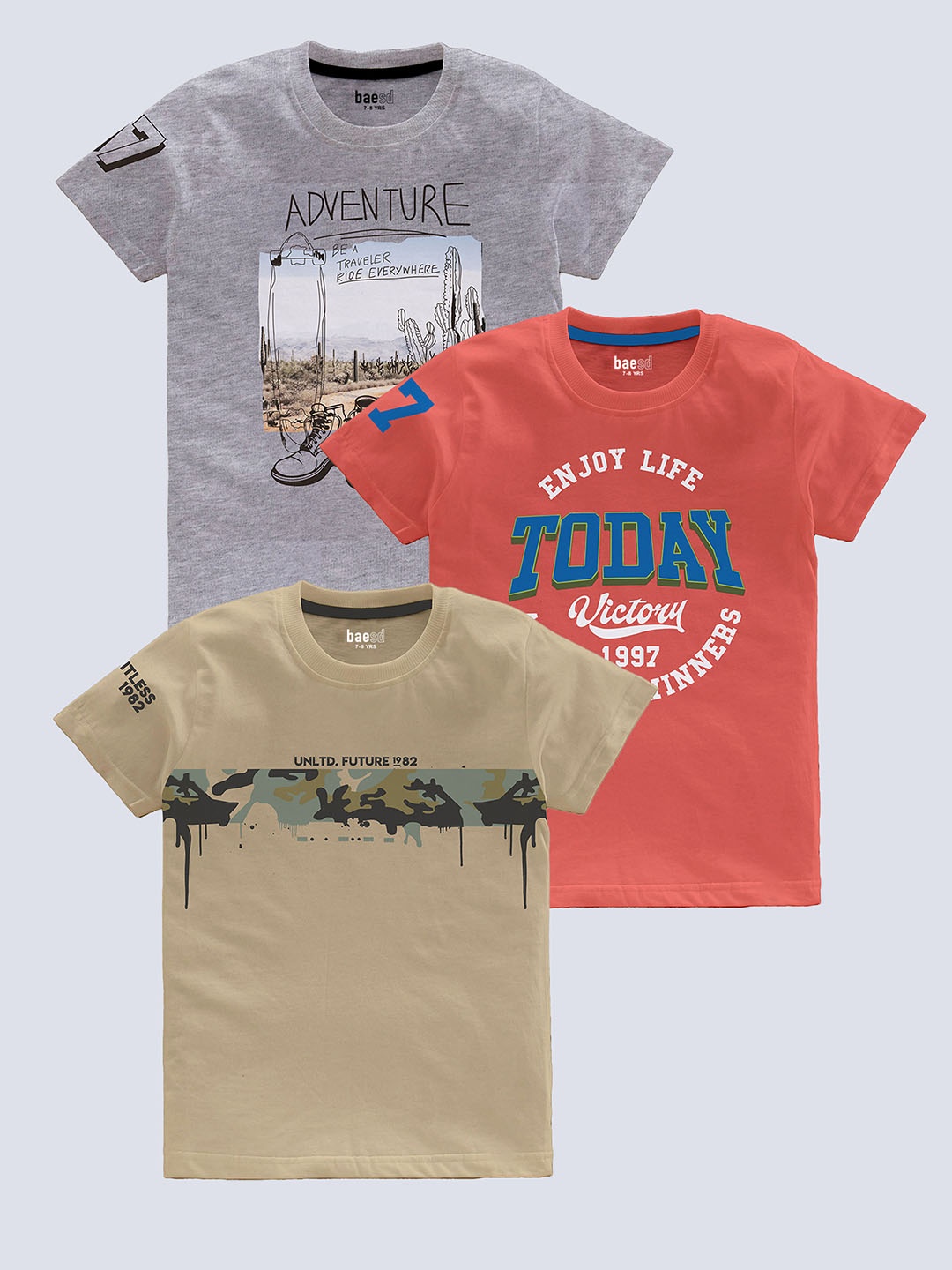 BAESD Boys Pack Of 3 Typography Printed Pure Cotton T-shirt, Grey