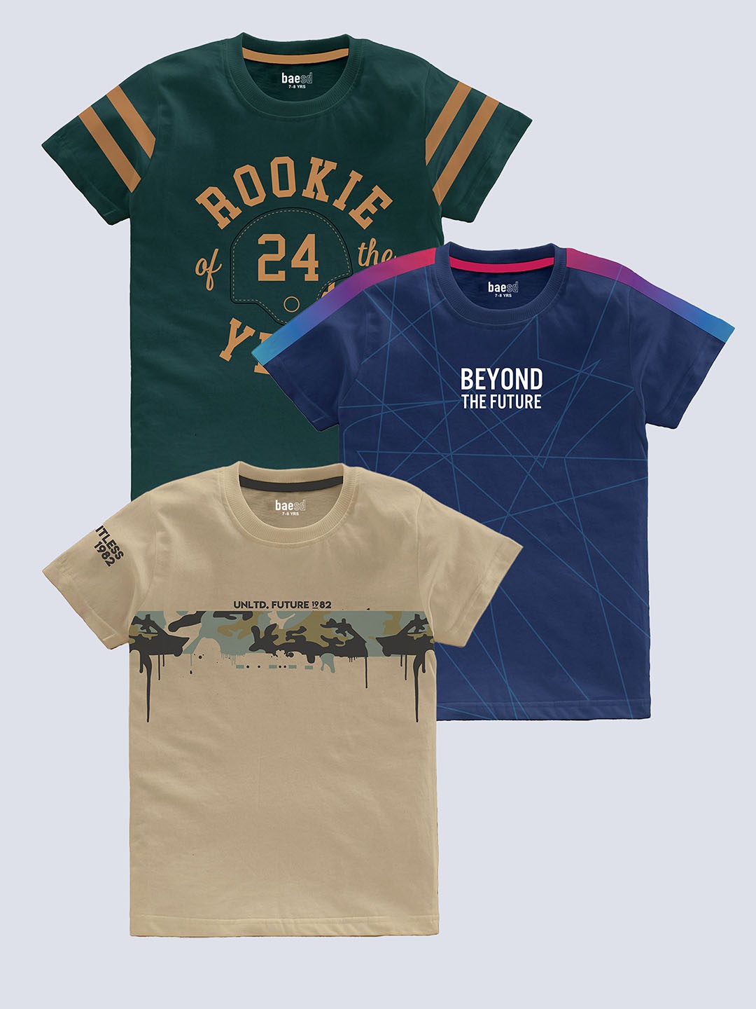 

BAESD Boys Pack Of 3 Typography Printed Round Neck Cotton T-shirts, Green