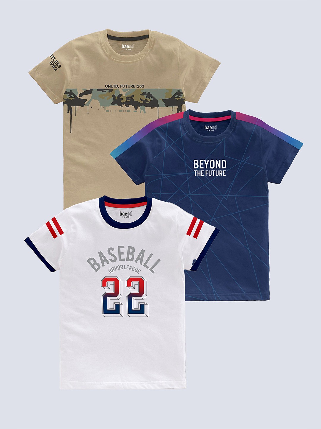 

BAESD Boys Pack Of 3 Typography Printed Pure Cotton T-shirt, Beige