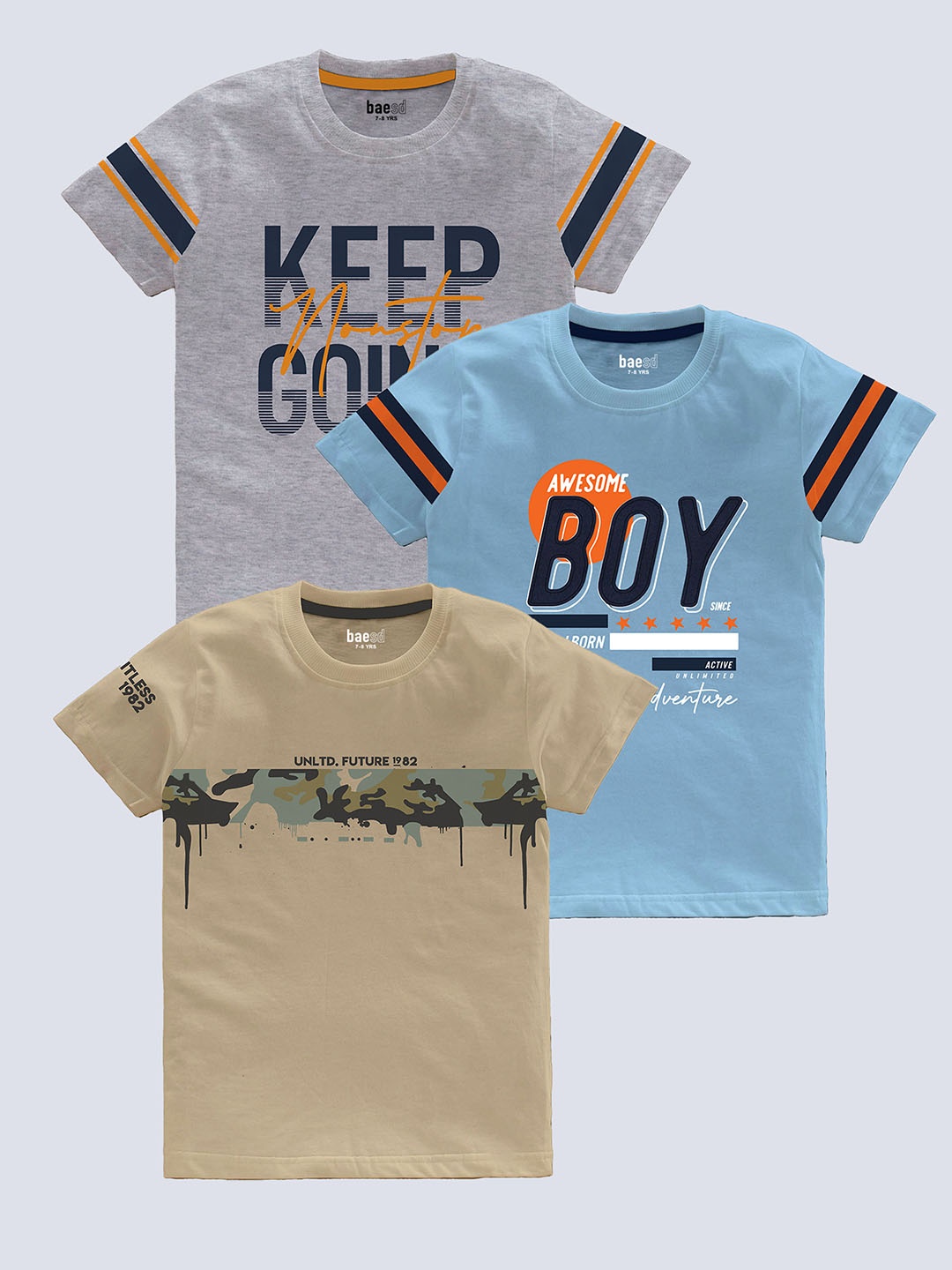 

BAESD Boys Pack of 3 Graphic Printed Cotton T-shirt, Beige