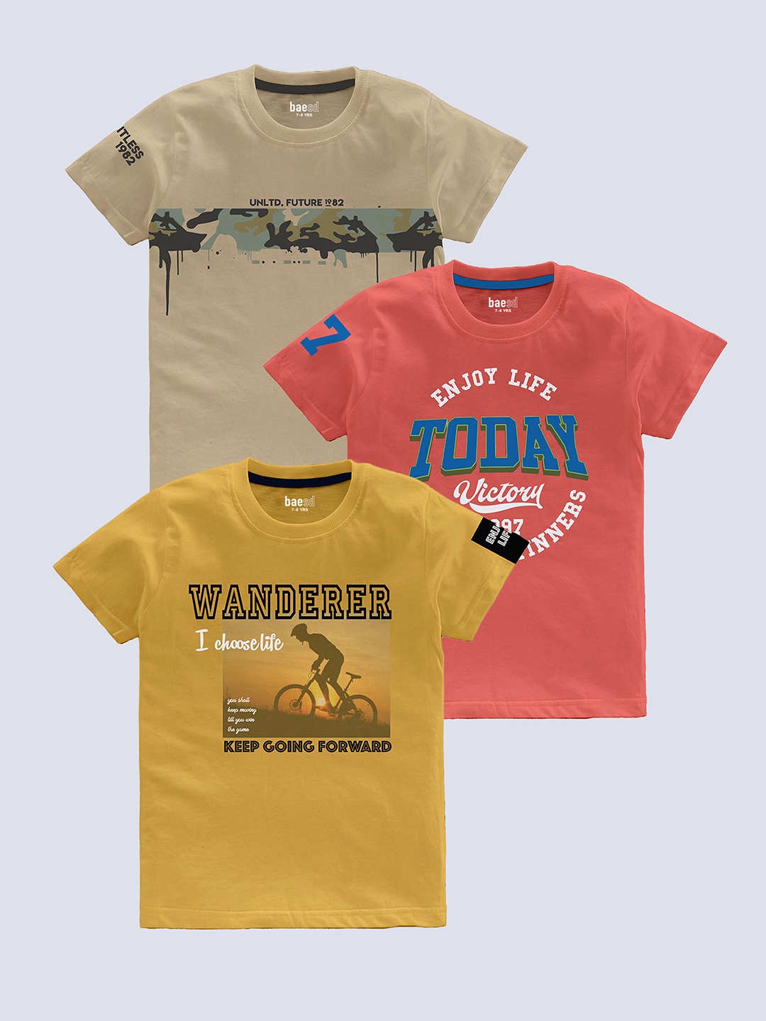 

BAESD Boys Pack Of 3 Typography Printed Pure Cotton T-shirt, Beige