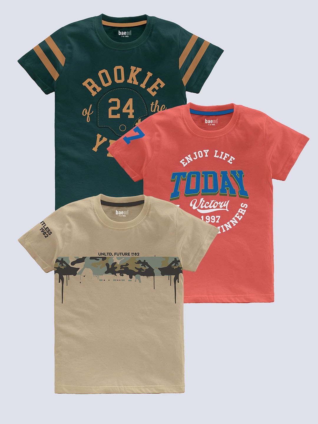 BAESD Boys Pack Of 3 Typography Printed Pure Cotton T-shirt, Beige
