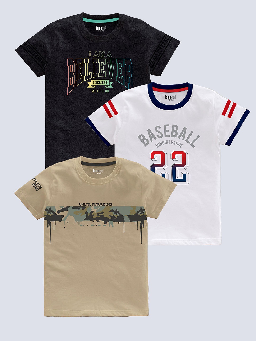 

BAESD Boys Pack Of 3 Typography Printed Pure Cotton T-shirt, Beige