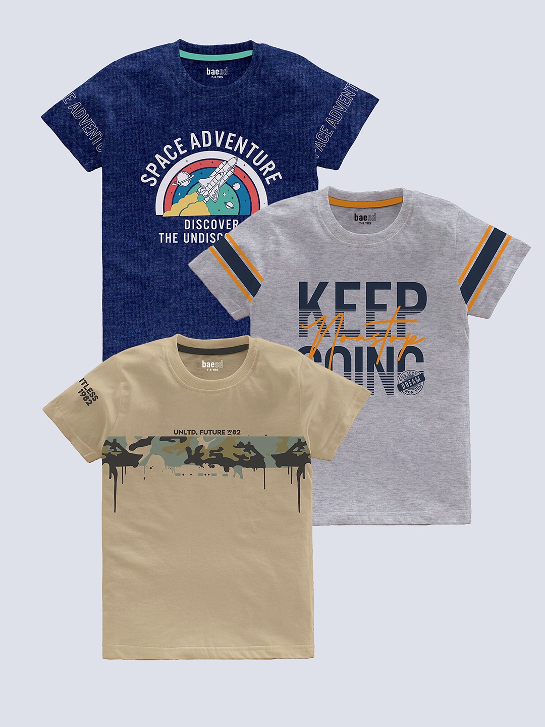 

BAESD Boys Pack Of 3 Typography Printed Pure Cotton T-shirt, Blue