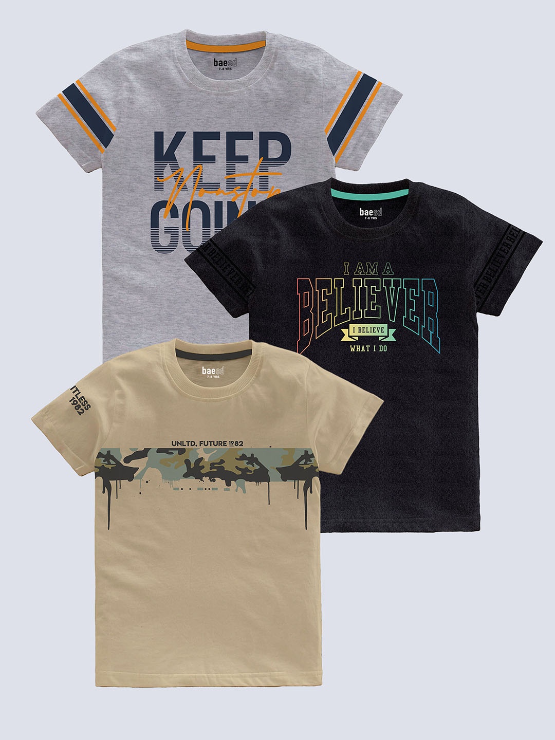 

BAESD Boys Pack Of 3 Printed Round Neck Cotton T-shirt, Grey